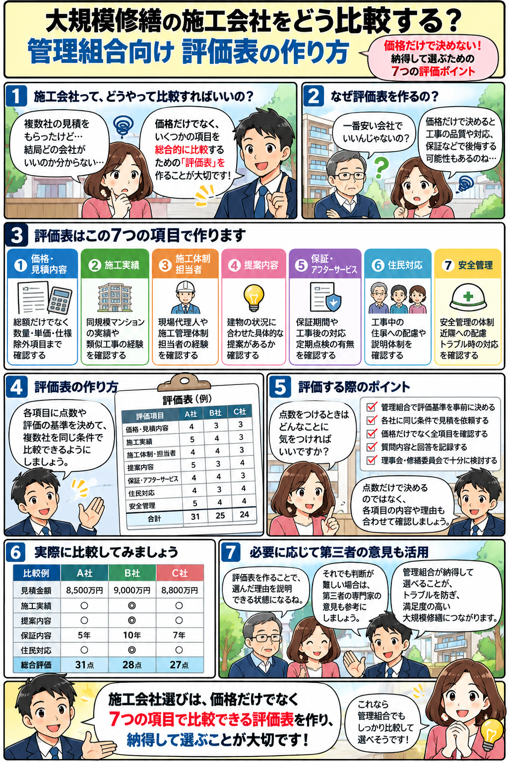 大規模修繕の施工会社比較・評価表の作り方 大規模修繕の施工会社を比較する管理組合向け評価表の作り方を解説した漫画