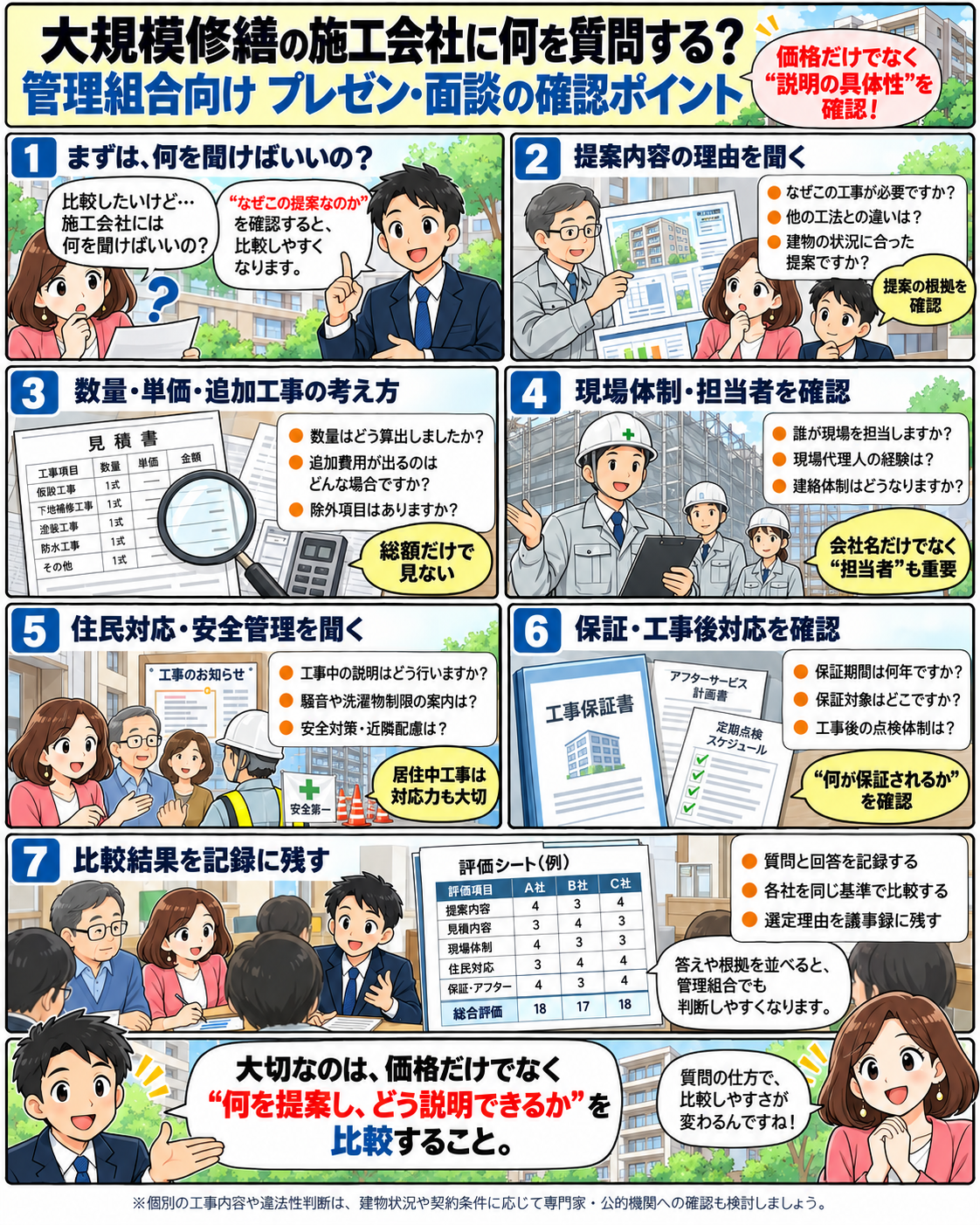 大規模修繕の施工会社に確認したい質問ポイント 大規模修繕の施工会社への質問例とプレゼン・面談の確認ポイントを解説した漫画