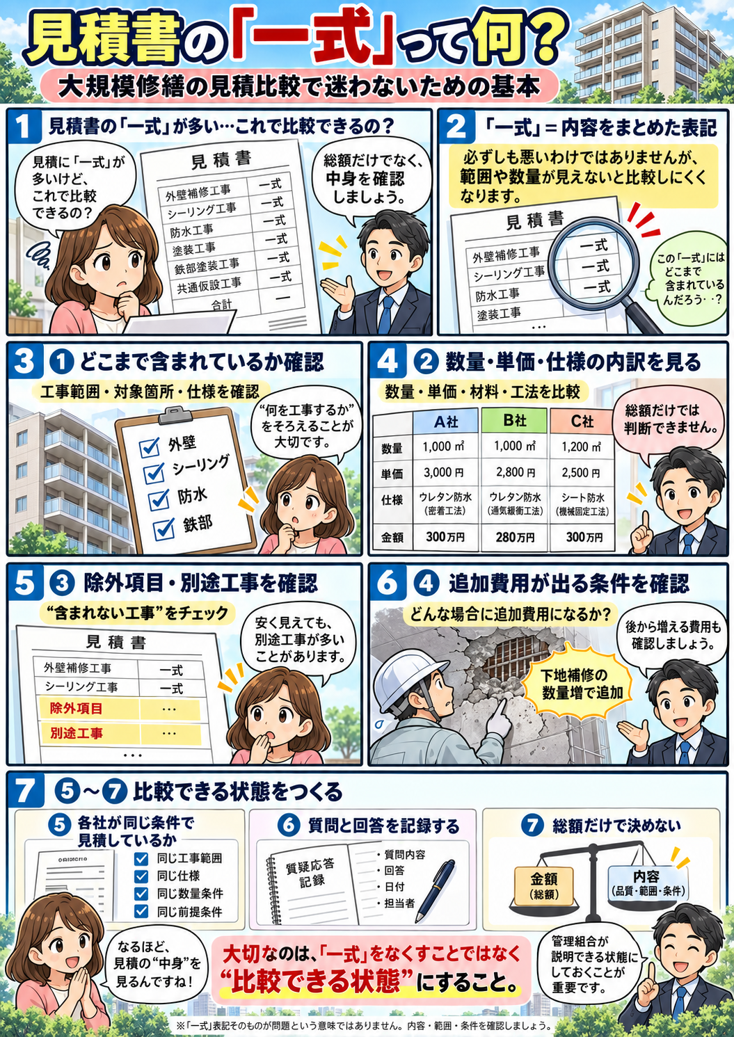 大規模修繕の見積書「一式」の見方と比較ポイント 大規模修繕の見積書にある一式表記について内訳・数量・単価・除外項目の確認方法を解説した漫画