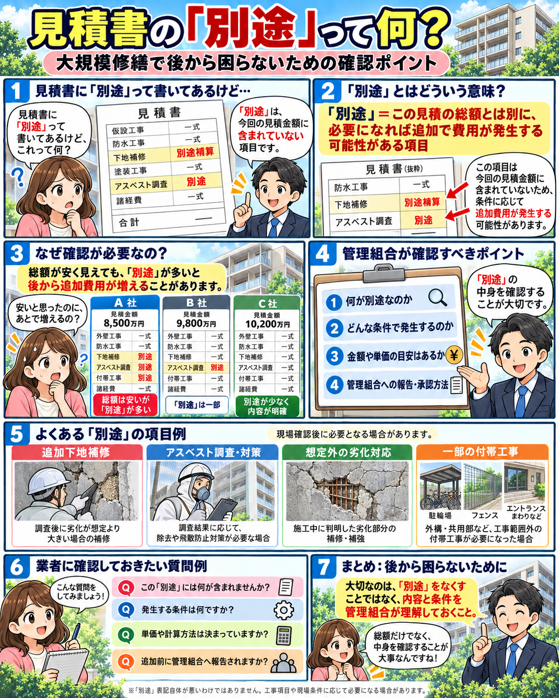 大規模修繕の見積書「別途」の意味と確認ポイント 大規模修繕の見積書にある別途工事や追加費用の確認方法を解説した漫画