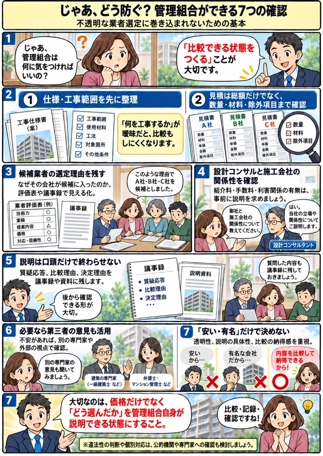 大規模修繕の業者選定で管理組合ができる7つの確認 マンション大規模修繕で不透明な業者選定を避けるために管理組合が確認したい7つのポイントを解説した漫画