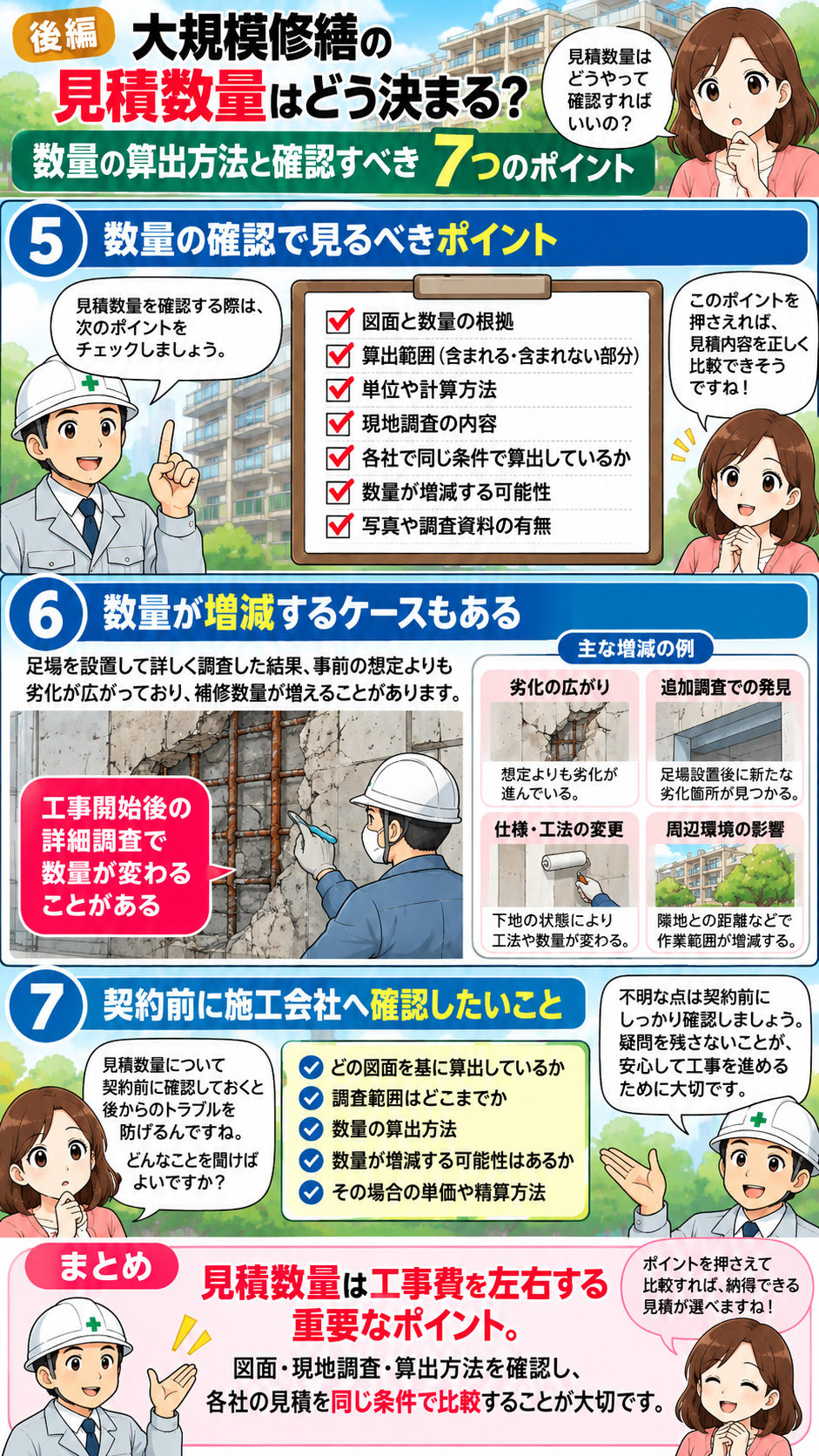 大規模修繕の見積数量で確認したいポイント 後編 大規模修繕の見積数量の確認方法・数量増減・契約前の確認項目を解説した漫画 後編