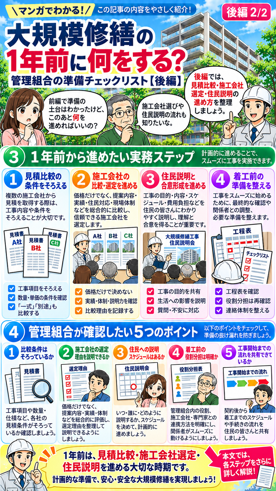 大規模修繕の1年前に行う見積比較・施工会社選定・住民説明・着工準備を解説した漫画 後編