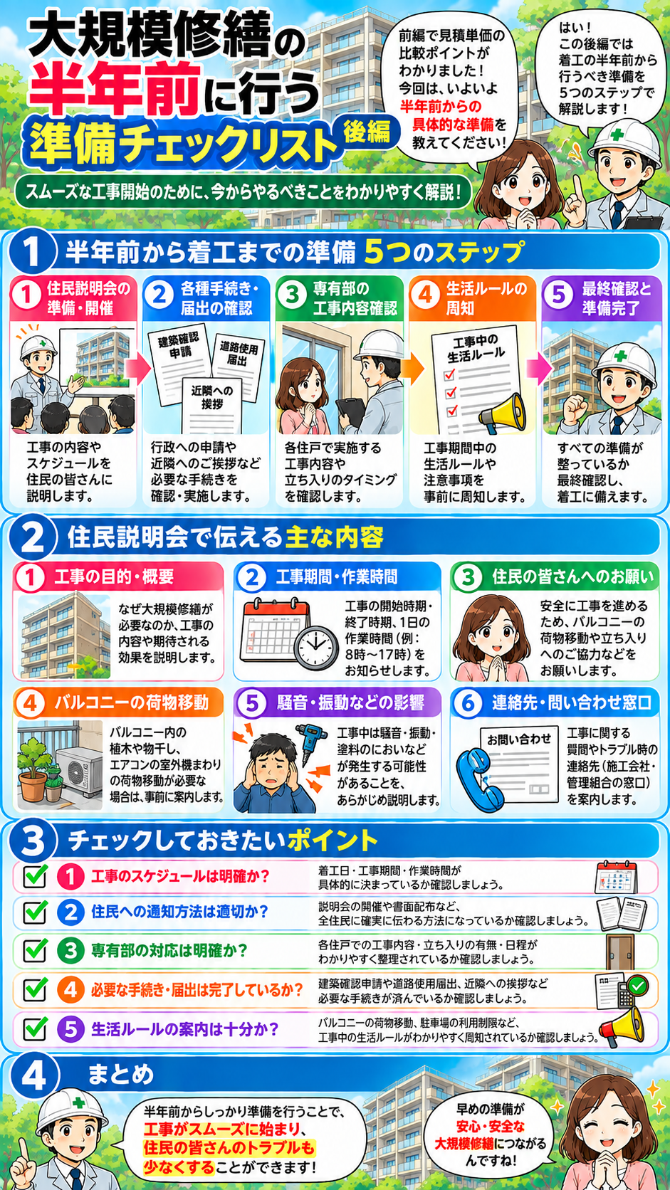 大規模修繕の着工前準備チェックリスト 後編 大規模修繕の半年前から着工までに行う5つの準備ステップを解説した漫画 後編
