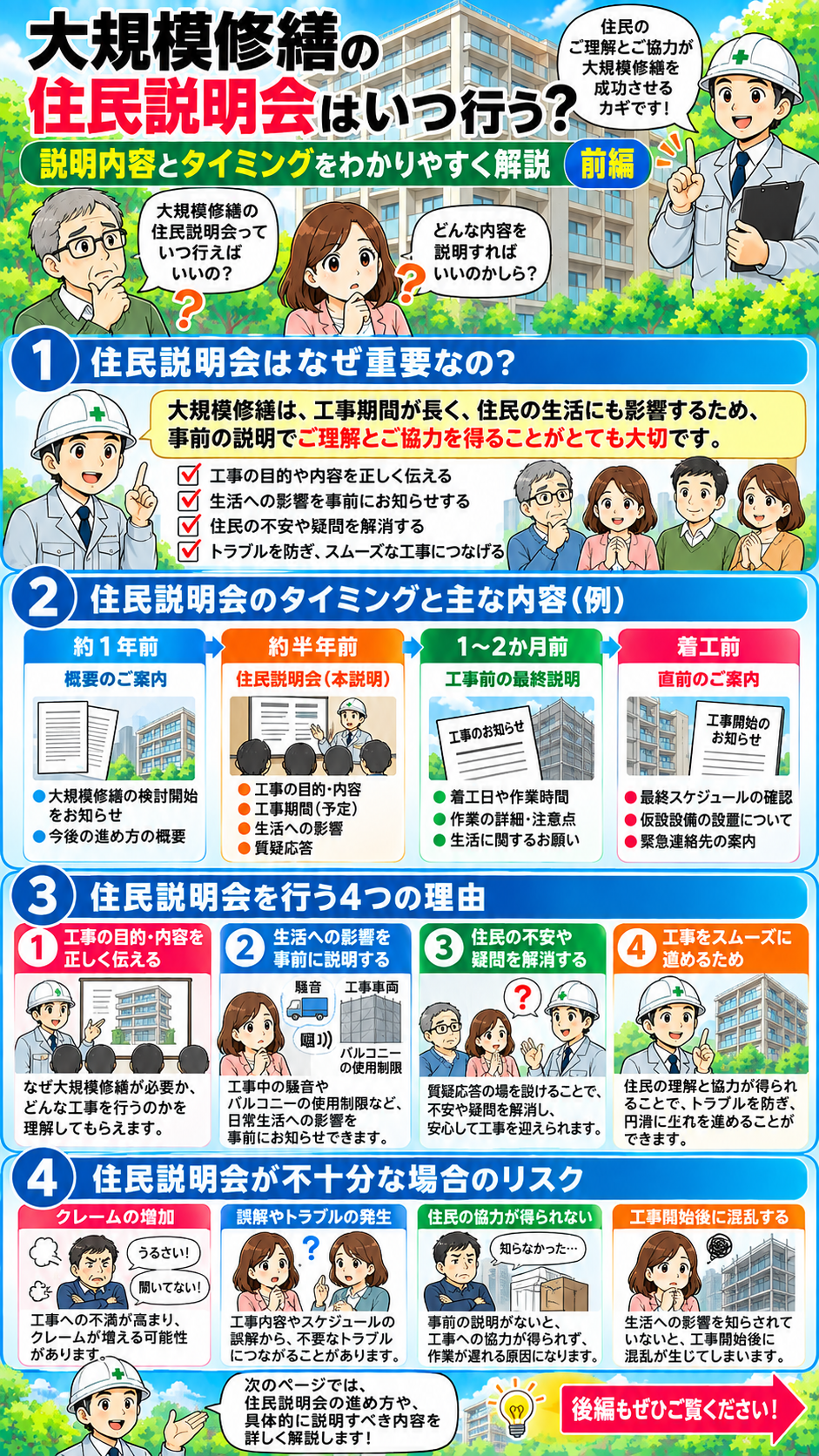 大規模修繕の住民説明会はいつ行う? 前編 大規模修繕の住民説明会をいつ行うか、開催する理由とタイミングを解説した漫画 前編