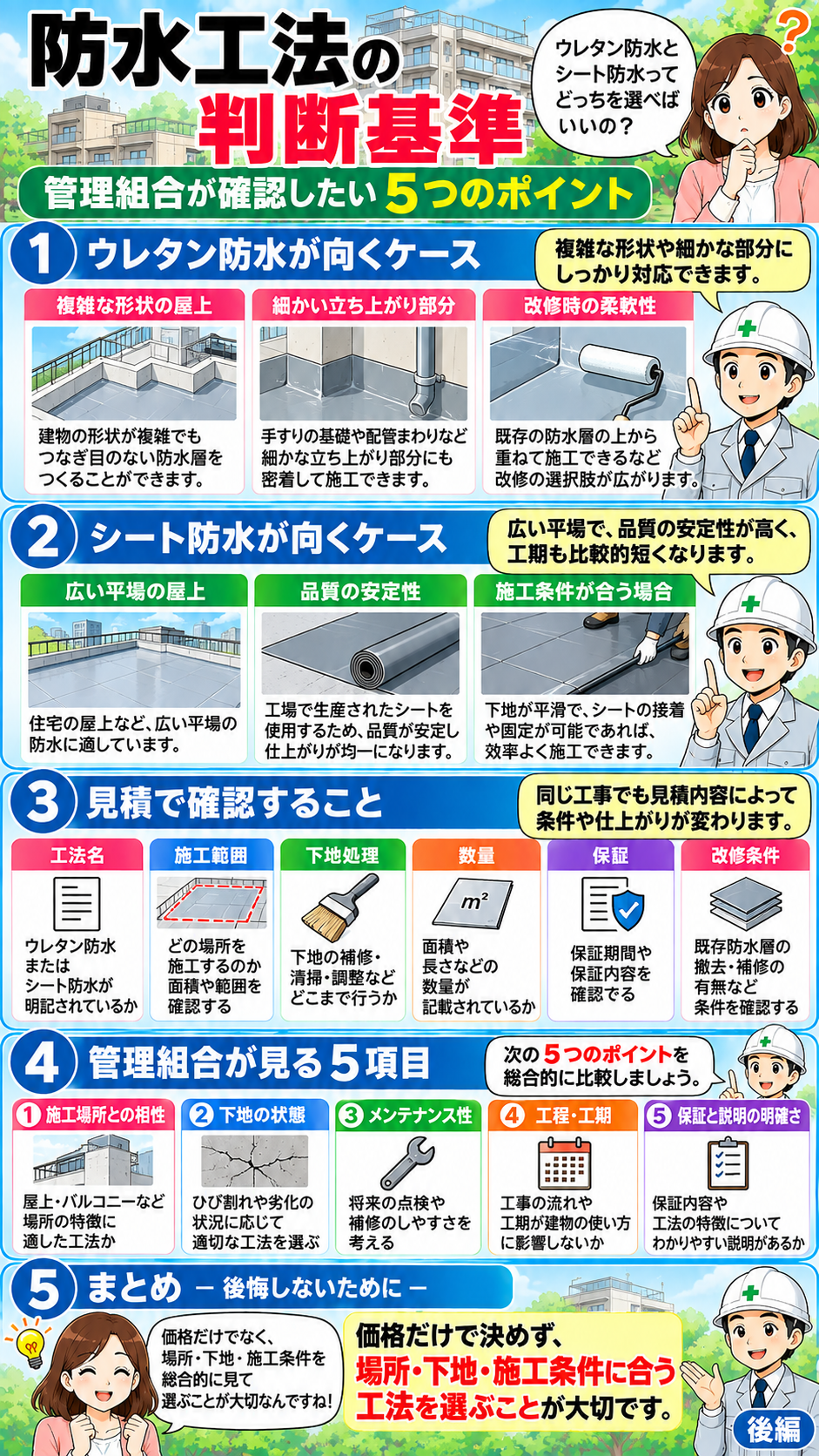大規模修繕で防水工法を選ぶ判断基準と見積確認ポイントを解説した漫画 後編