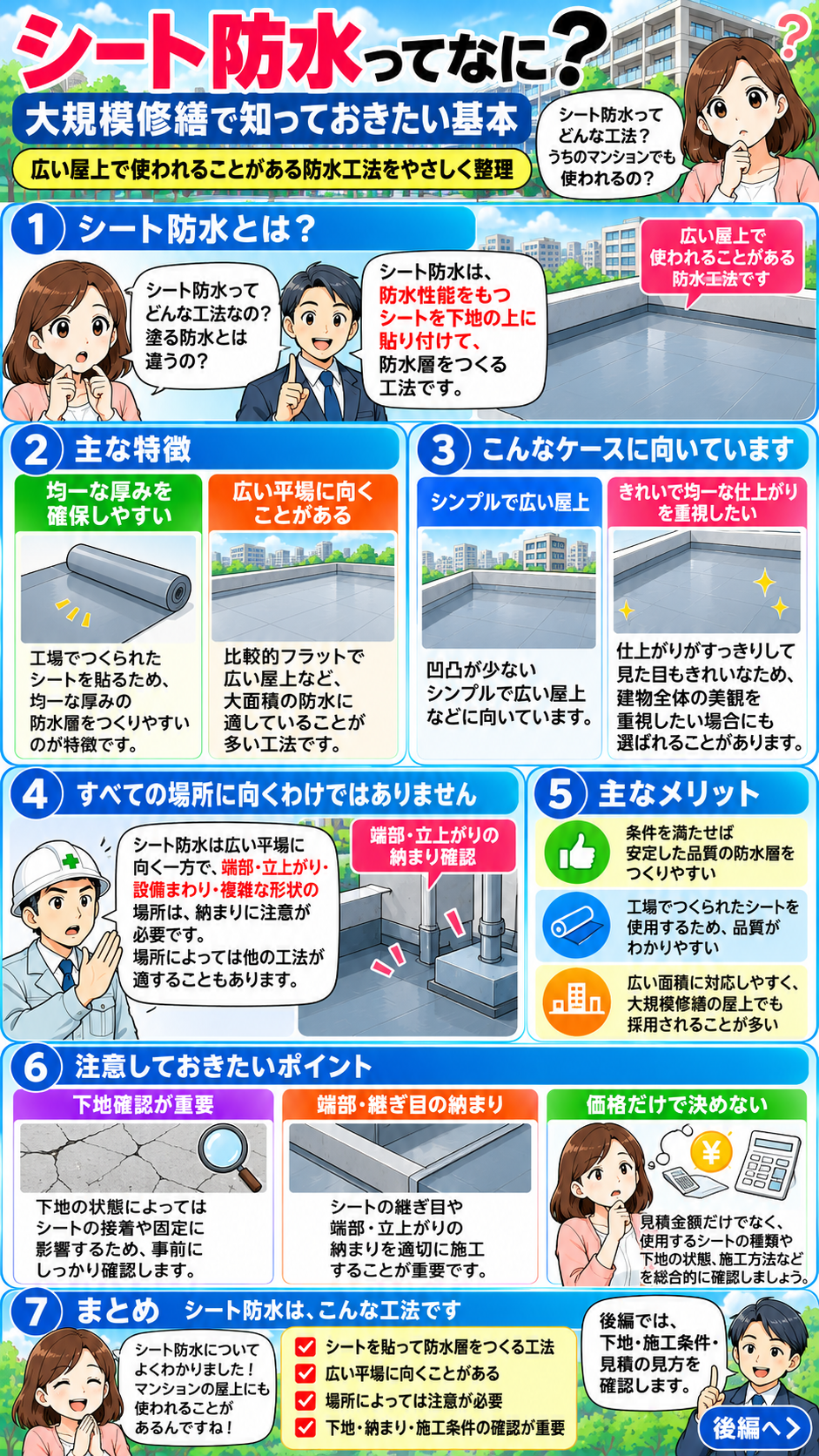 シート防水の特徴と大規模修繕で向いている場所を解説した漫画 前編