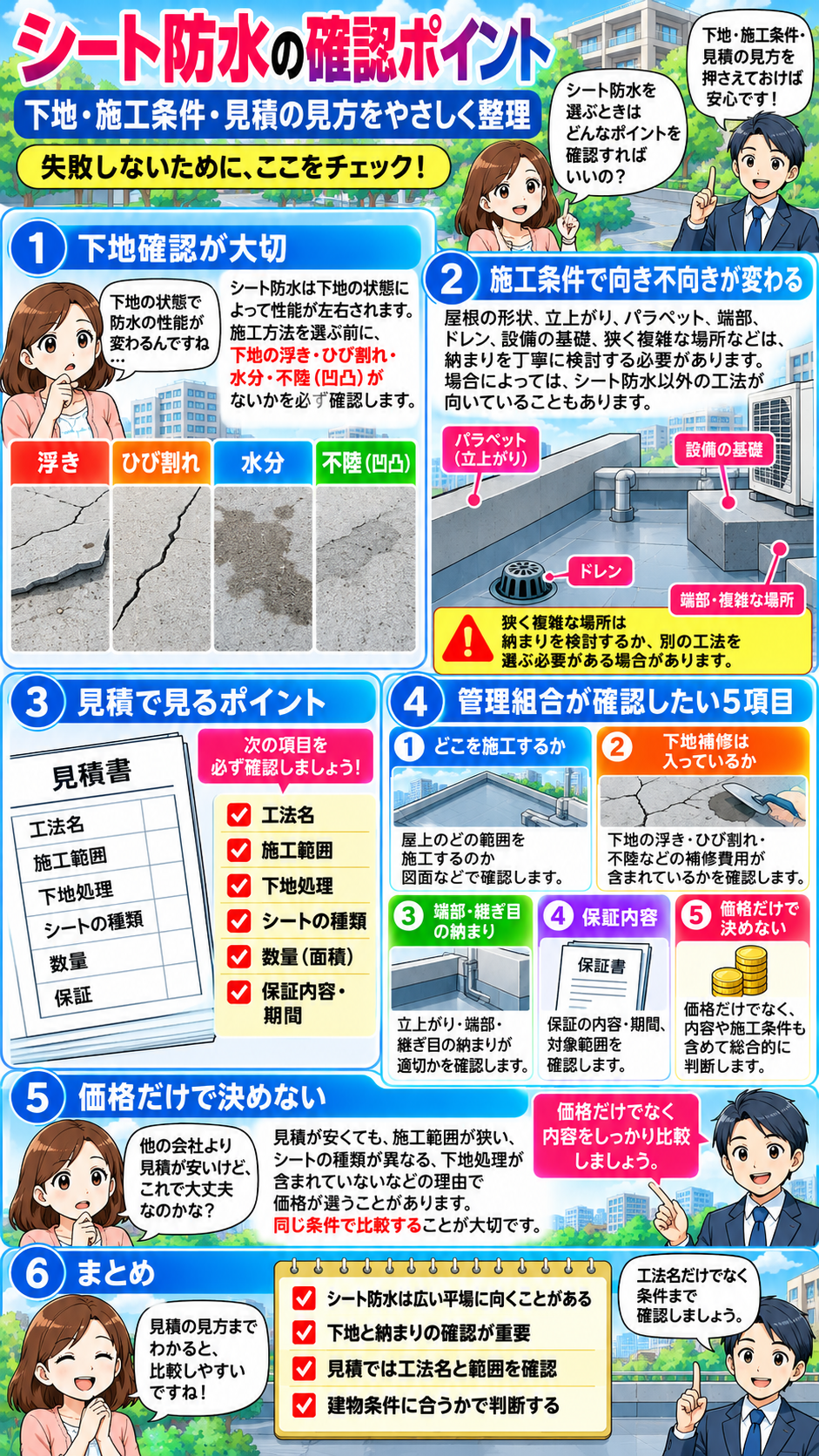 シート防水の下地・施工条件・見積確認ポイントを解説した漫画 後編