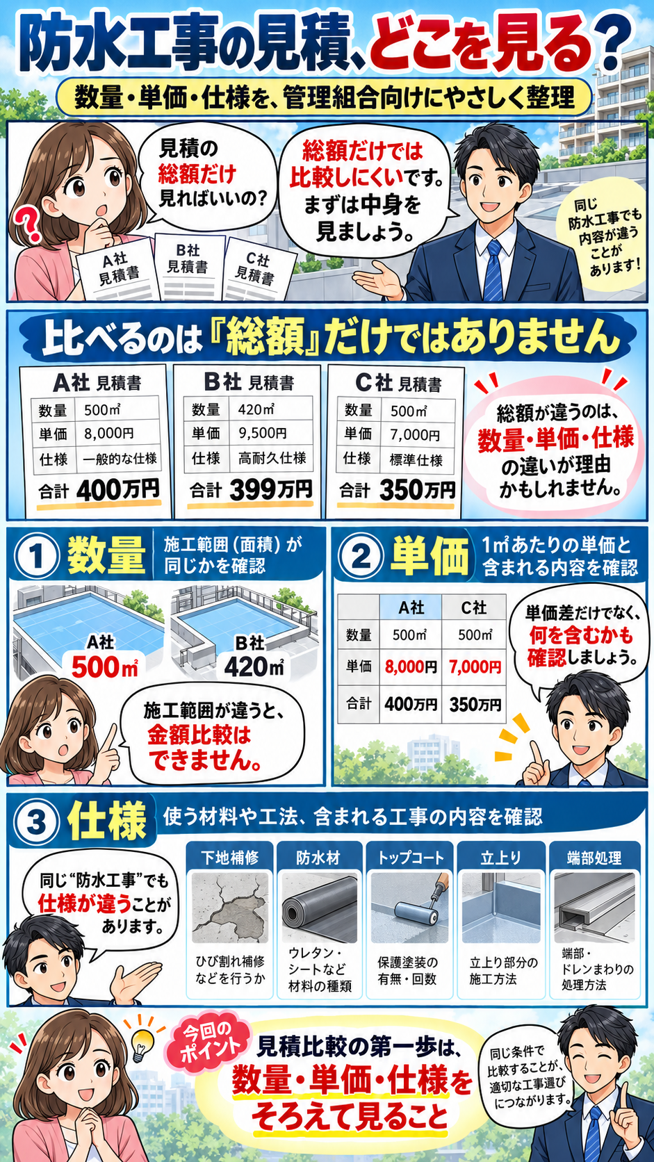 大規模修繕の防水工事見積で数量・単価・仕様を比較する方法を解説した漫画 前編
