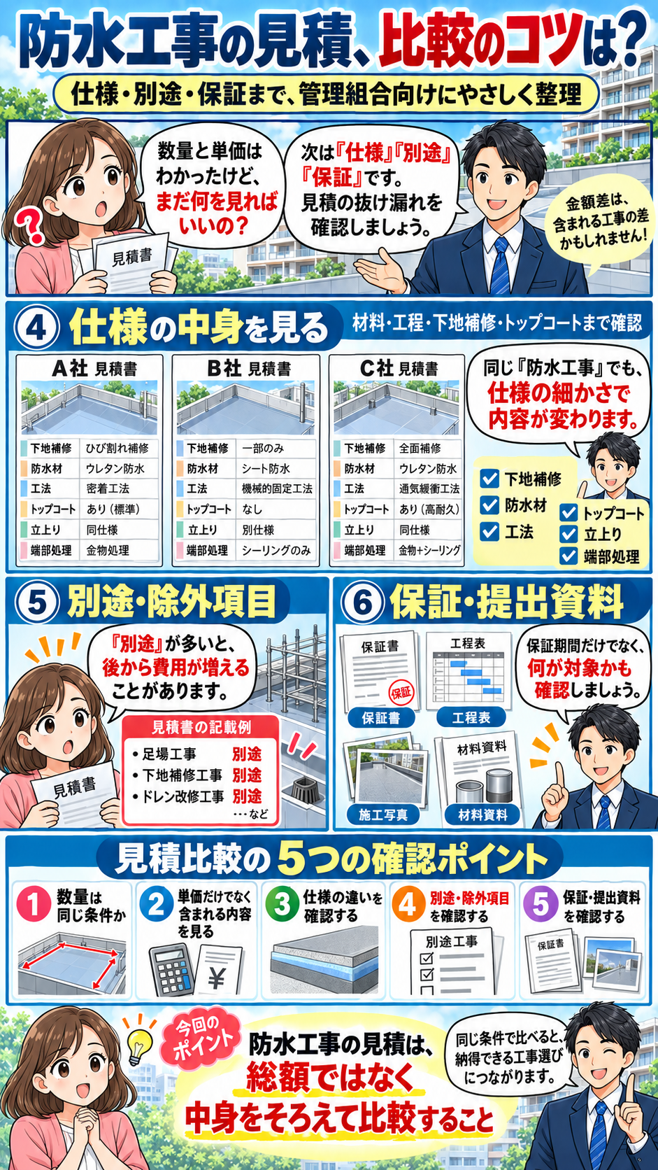 防水工事見積の別途項目・保証・仕様の確認ポイントを解説した漫画 後編