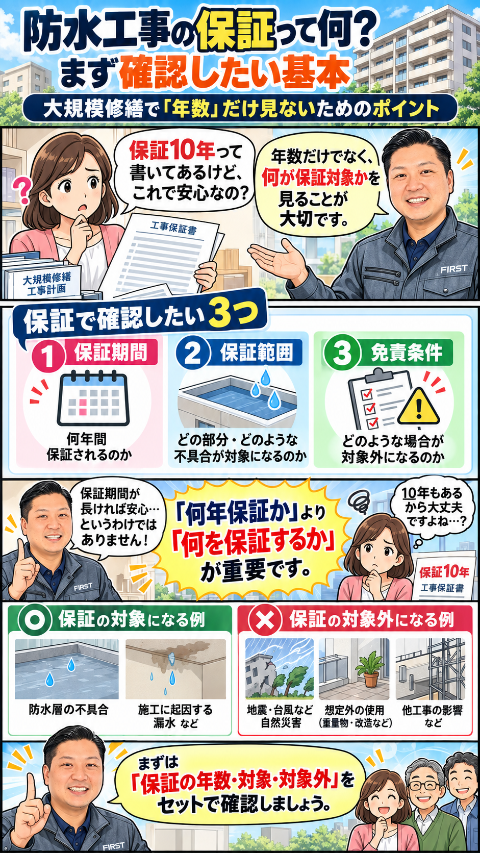 大規模修繕の防水工事で保証期間・保証範囲・免責条件を解説した漫画 前編