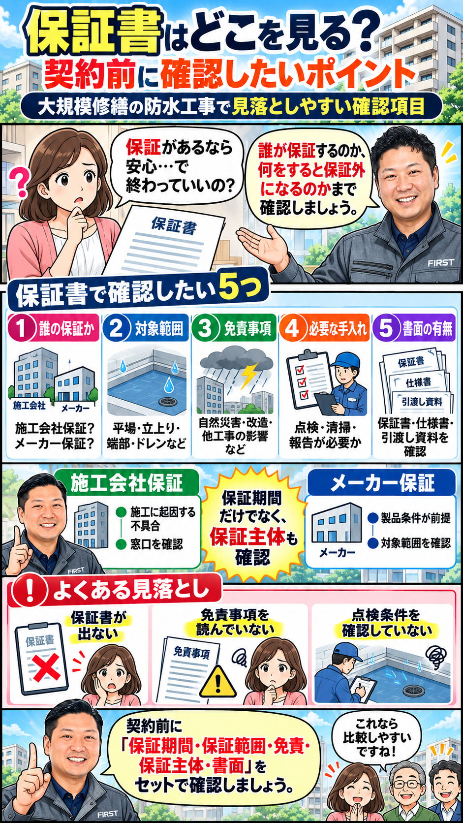 防水工事の保証書で確認したい保証主体・対象範囲・免責事項を解説した漫画 後編
