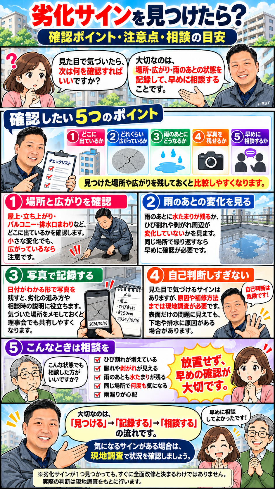 防水の劣化サインを見つけた後の確認方法と相談の目安を解説した漫画 後編