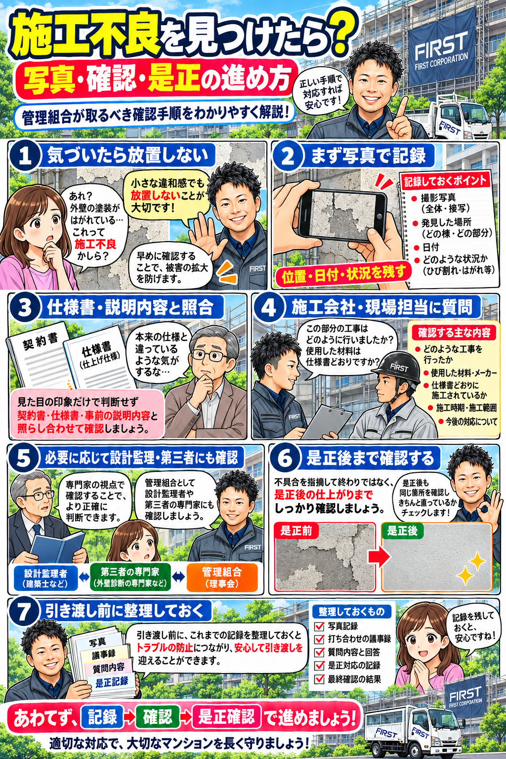 施工不良の是正と再確認の進め方 後編 大規模修繕の不具合を記録・確認し、是正・手直し後に再確認する流れを解説した漫画 後編