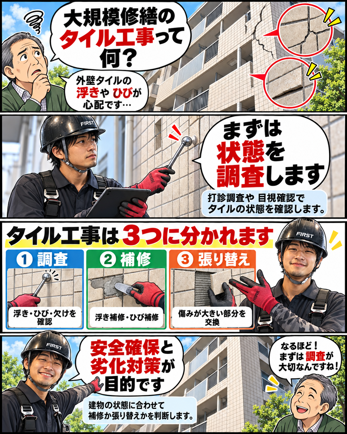 大規模修繕のタイル工事で調査・補修・張り替えを確認する流れ