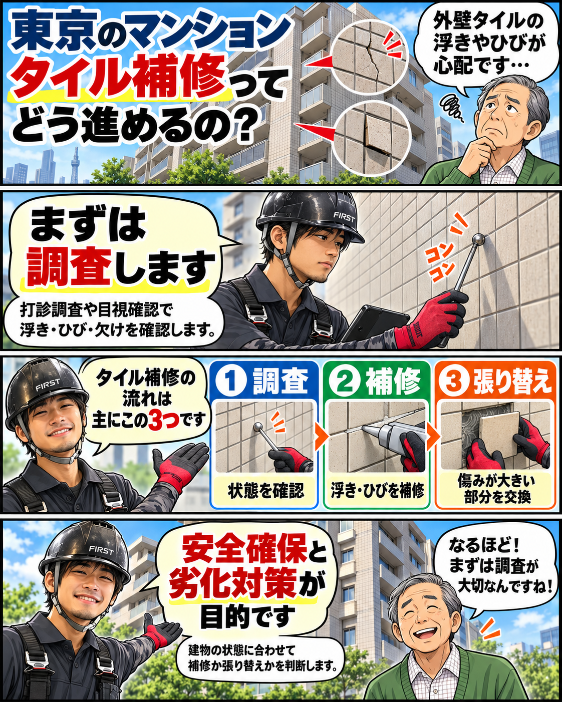 東京のマンション大規模修繕でタイル補修を進める調査・補修・張り替えの流れ