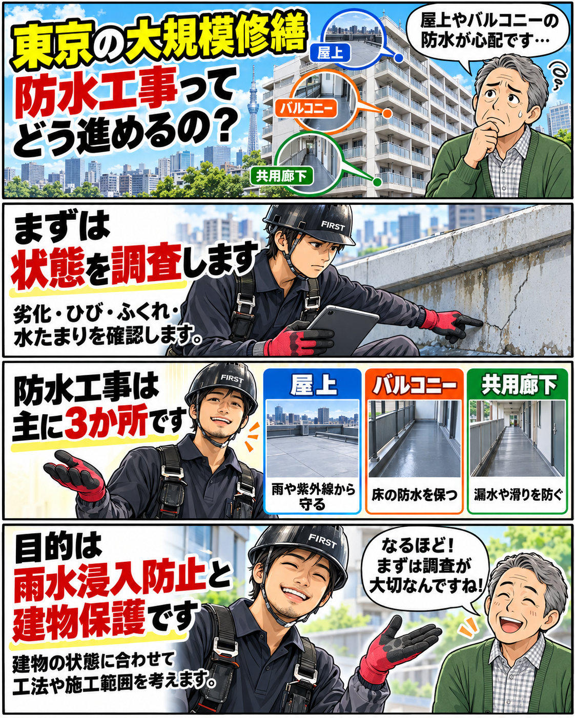 東京のマンション大規模修繕で屋上・バルコニー・共用廊下の防水工事を確認する流れ