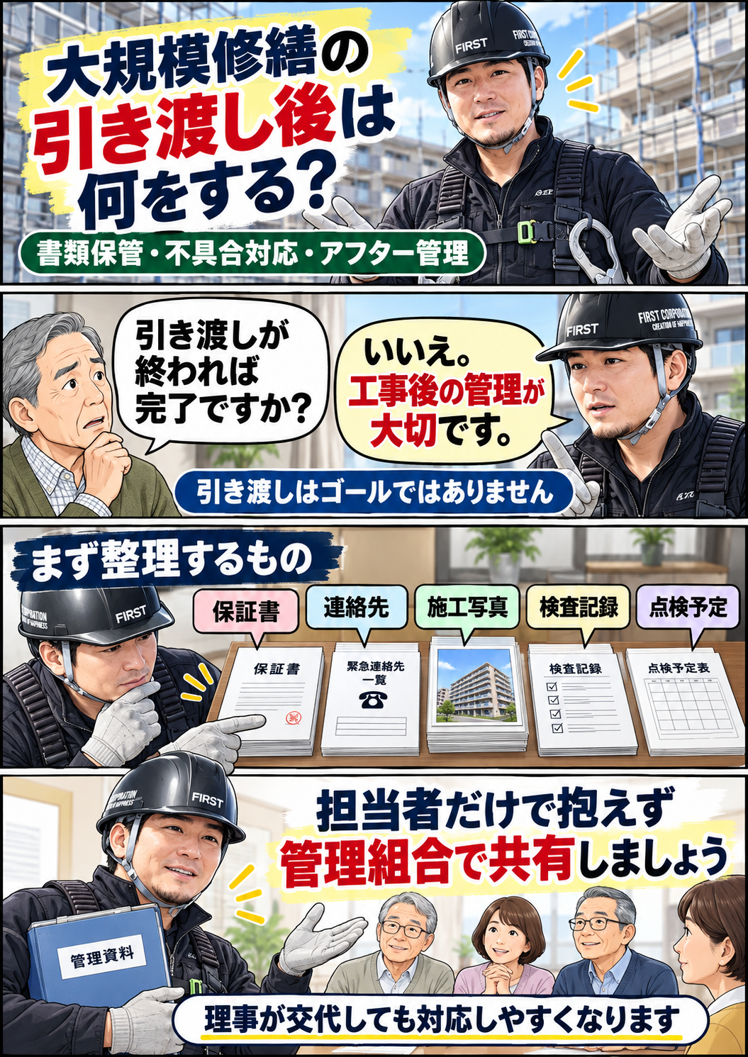 大規模修繕の引き渡し後に管理組合が確認したい記録・保証・不具合対応を解説する漫画 前編