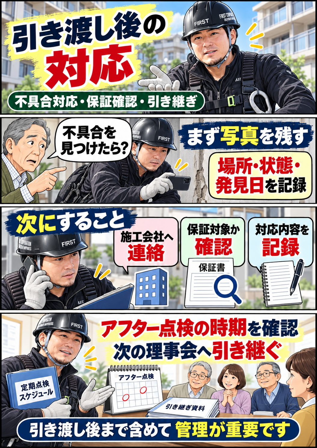 大規模修繕の引き渡し後に保証・アフター点検・記録を管理する流れを解説する漫画 後編
