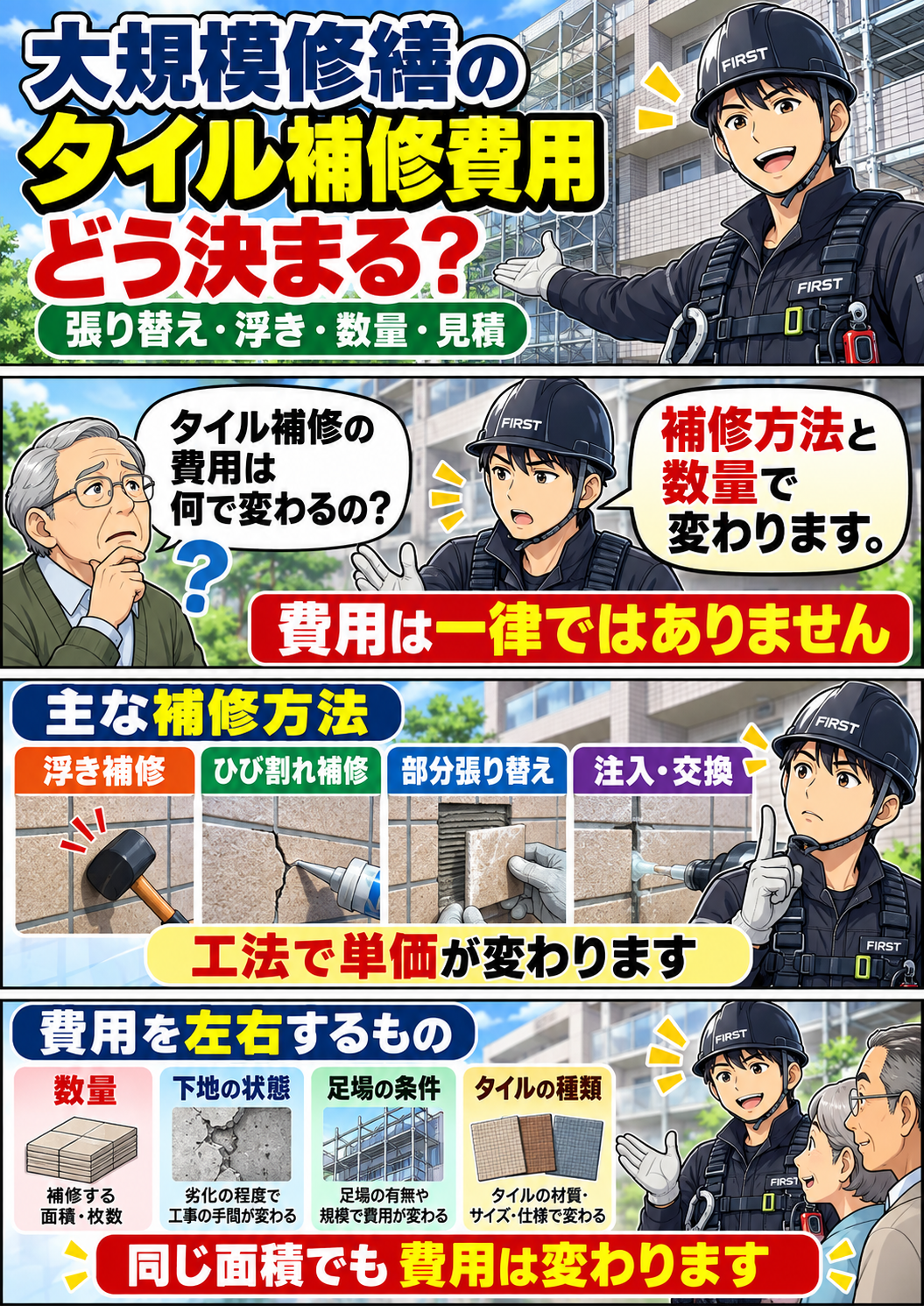 大規模修繕のタイル補修費用 前編 大規模修繕のタイル補修費用が工法・数量・下地状態で変わることを解説する漫画 前編