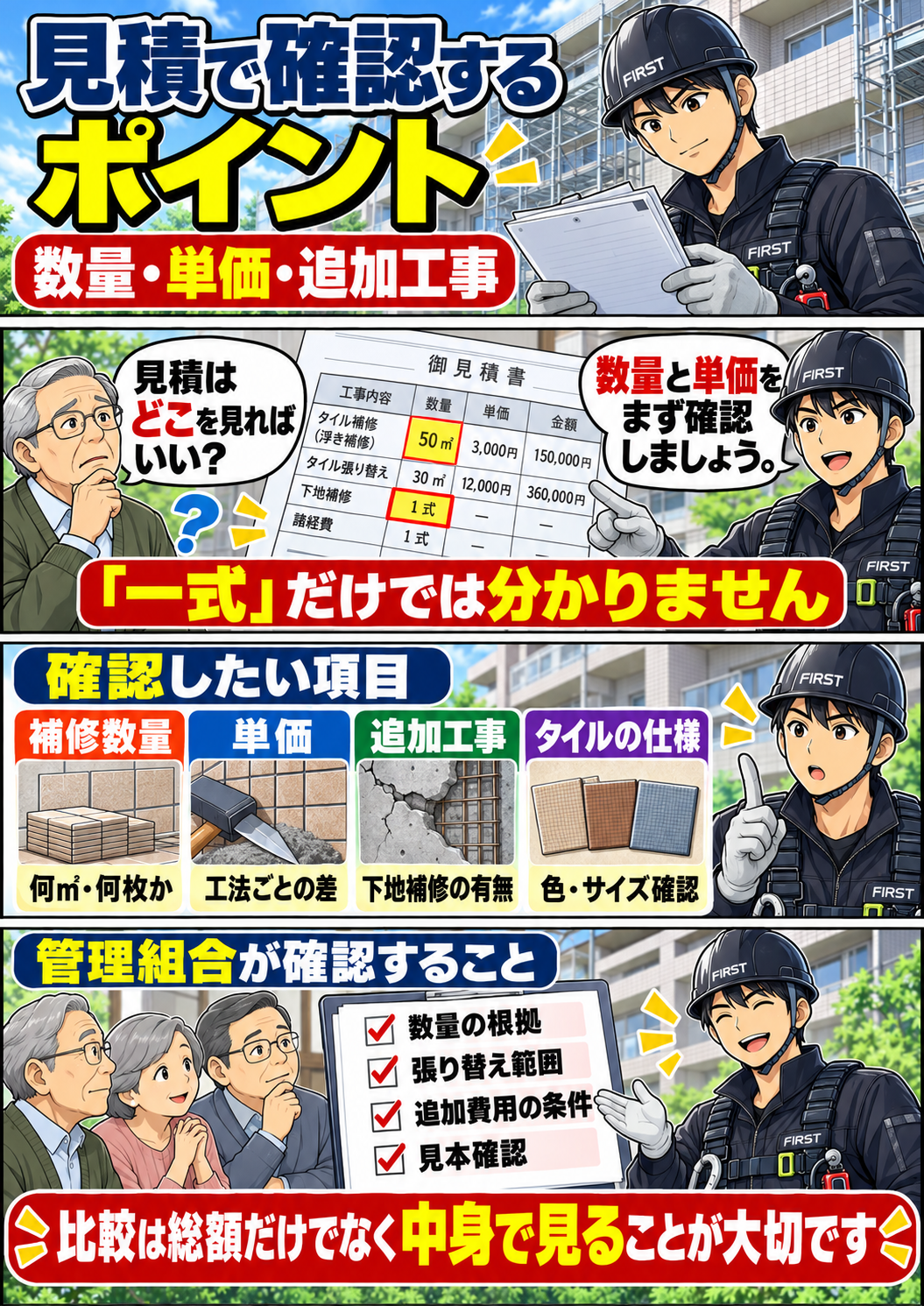 大規模修繕のタイル補修費用 後編 大規模修繕のタイル補修見積で数量・単価・追加費用条件を確認するポイントを解説する漫画 後編