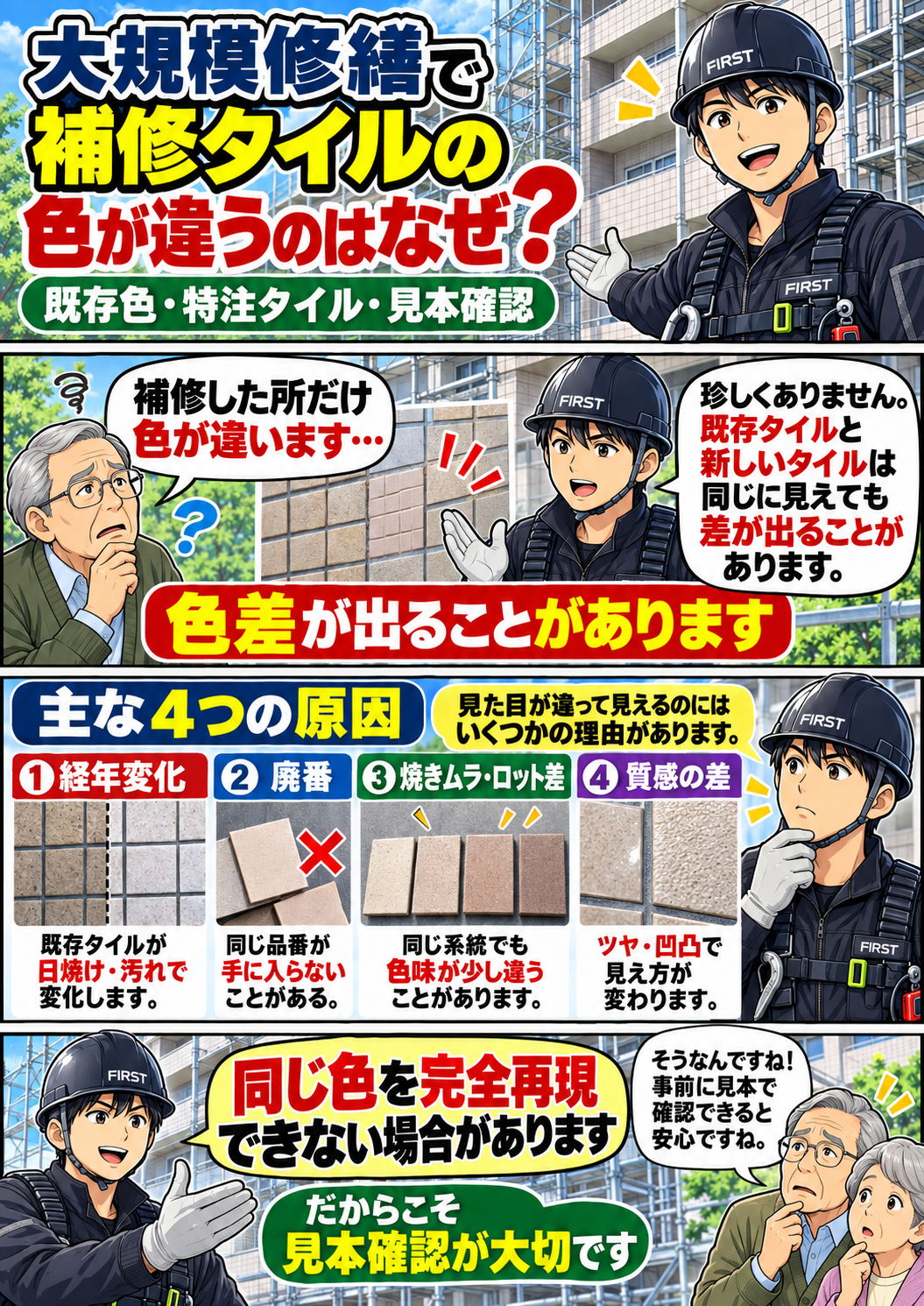 補修タイルの色が違って見える理由 大規模修繕で補修タイルの色が違って見える理由を解説する漫画