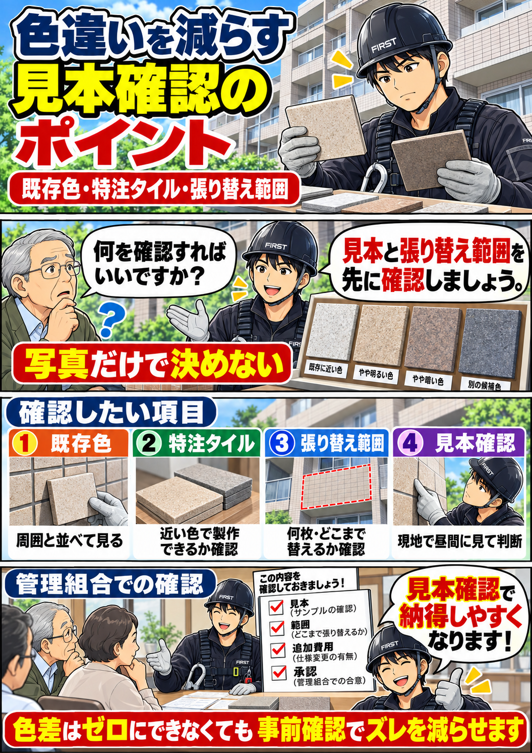 補修タイルの見本確認と承認方法 補修タイルの色違いを減らすために現地見本・特注タイル・張り替え範囲を確認する漫画