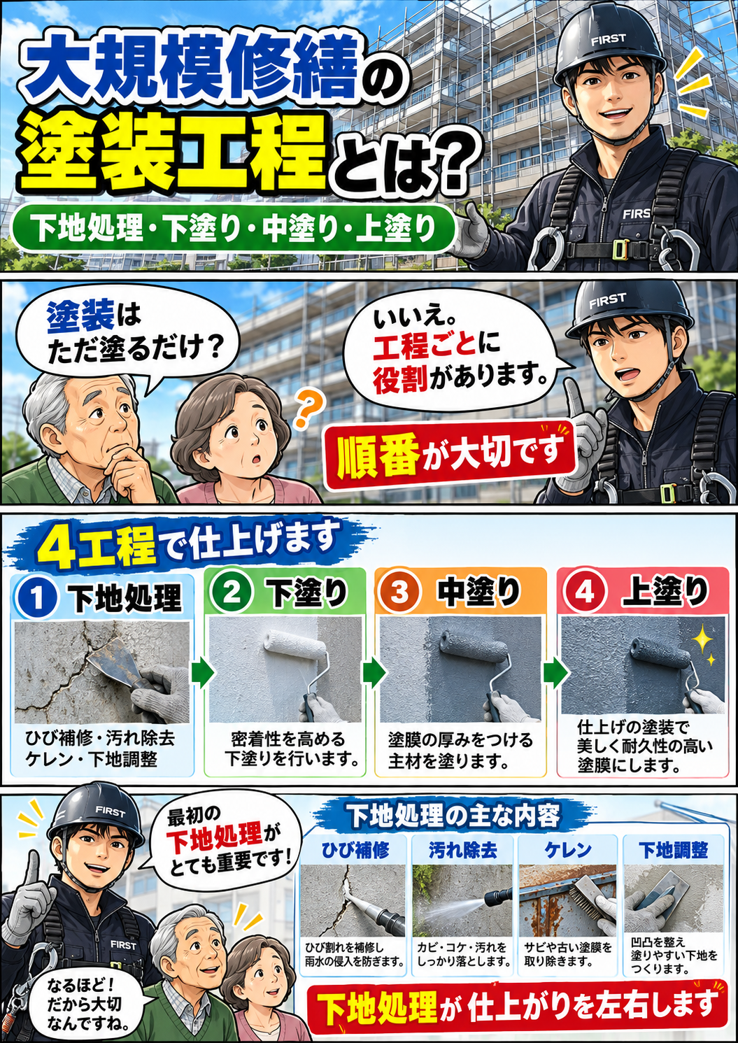 大規模修繕の塗装工程で下地処理・下塗り・中塗り・上塗りの流れを解説する漫画