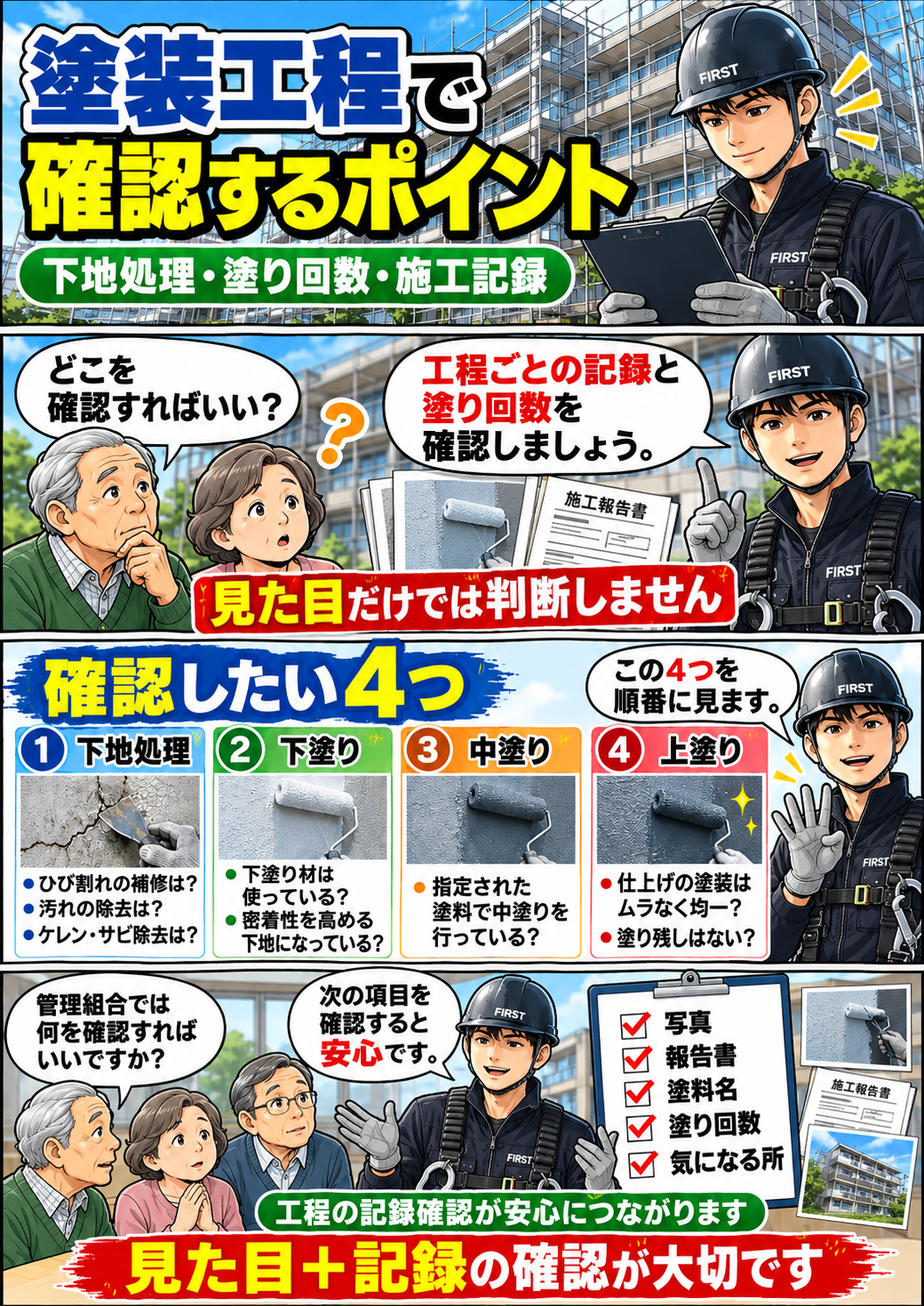 大規模修繕の塗装工程で工程写真・使用塗料・施工報告書を確認するポイントを解説する漫画