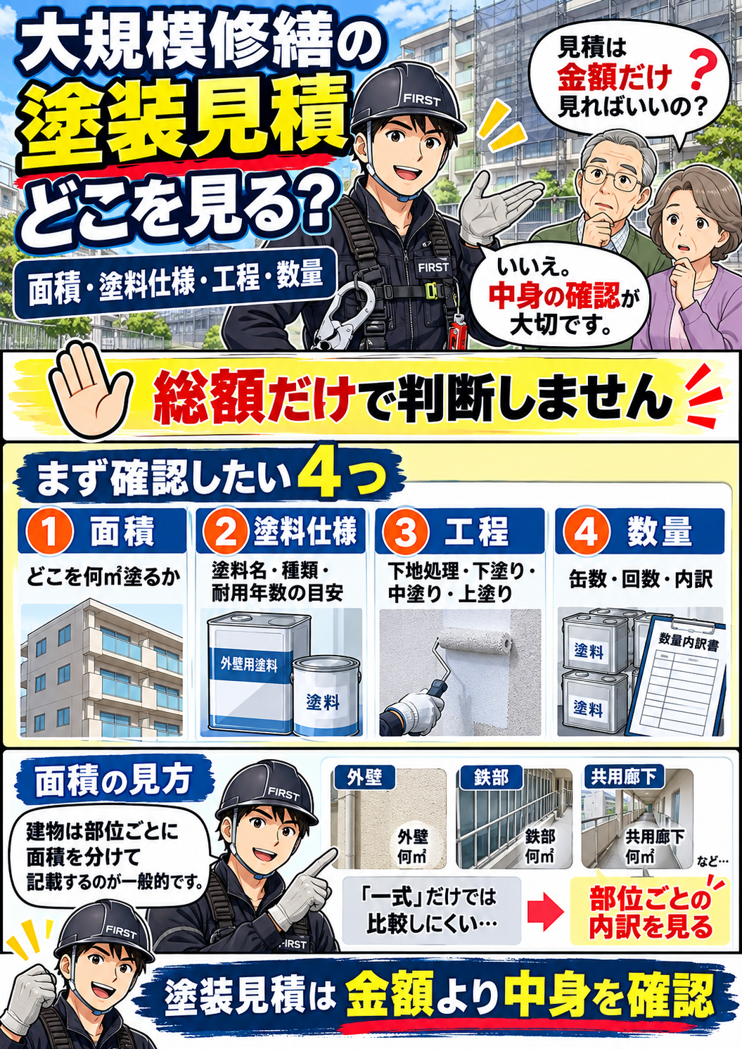 大規模修繕の塗装見積で面積・塗料仕様・工程・数量を確認するポイントを解説する漫画