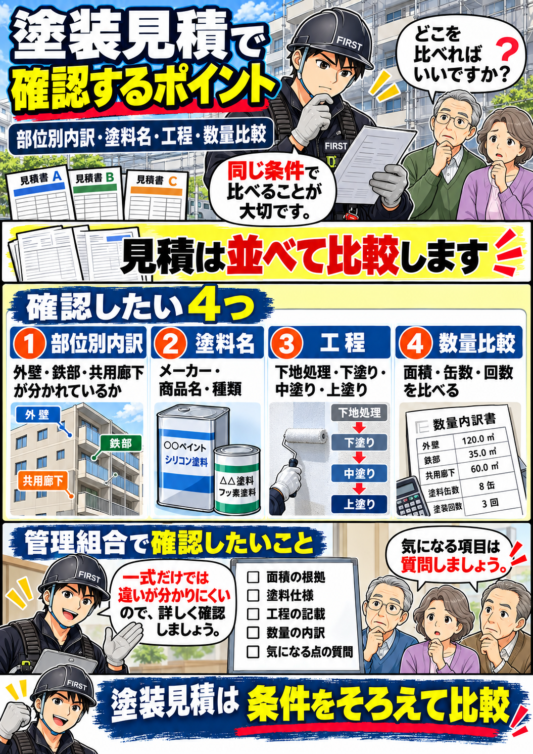 複数社の塗装見積で部位・塗料・工程・数量・一式表記を比較するポイントを解説する漫画