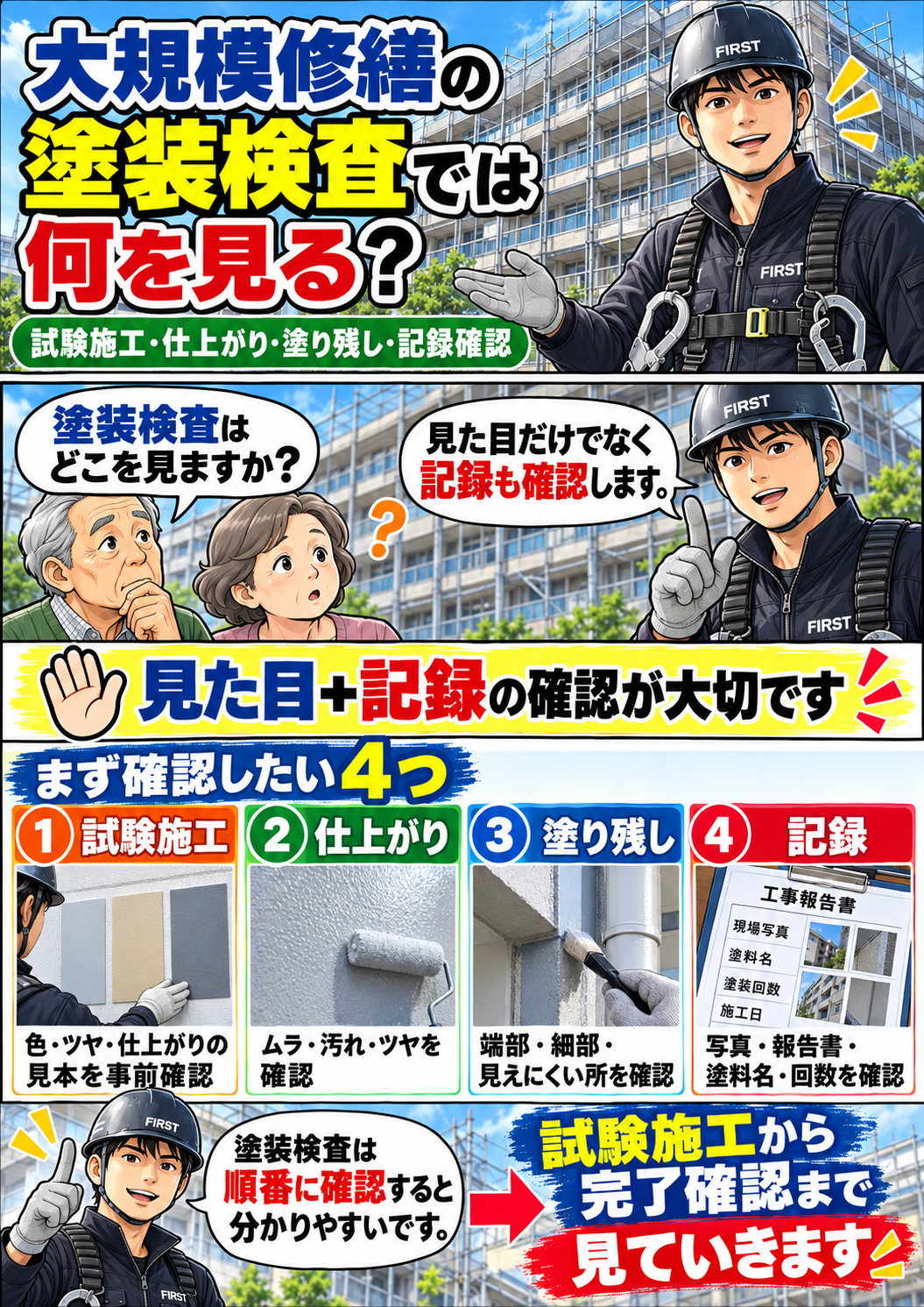 大規模修繕の塗装検査で試験施工・仕上がり・塗り残し・施工記録を確認する流れを解説する漫画