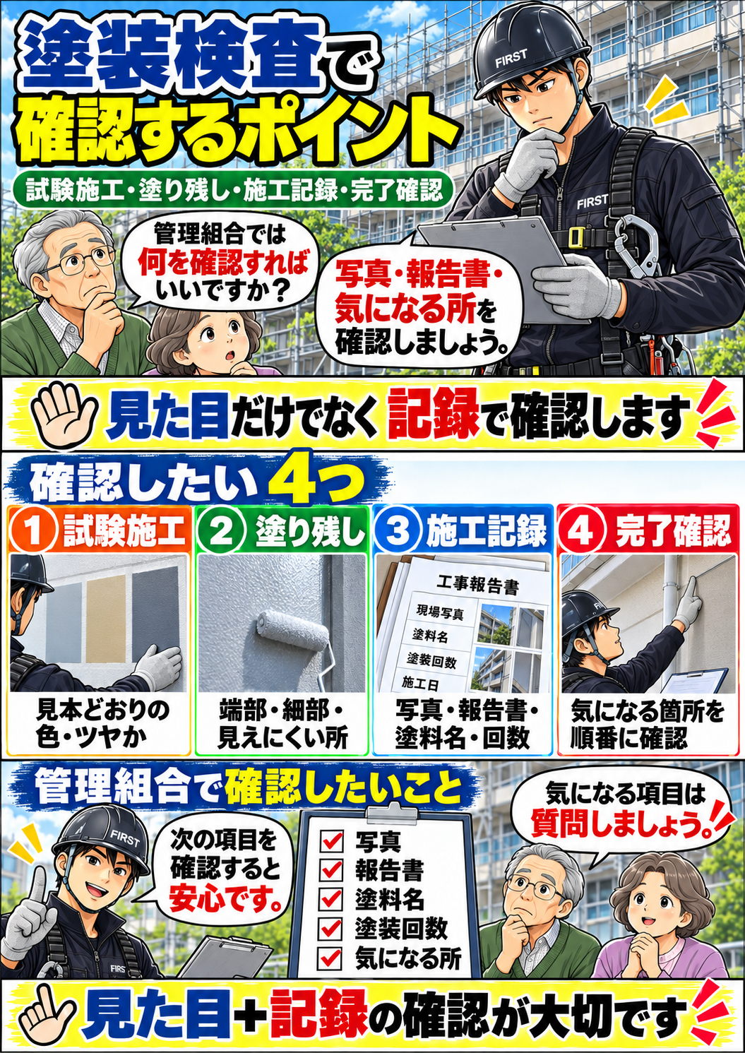 大規模修繕の塗装検査で工程写真・報告書・使用塗料・塗り回数・是正箇所を確認する漫画