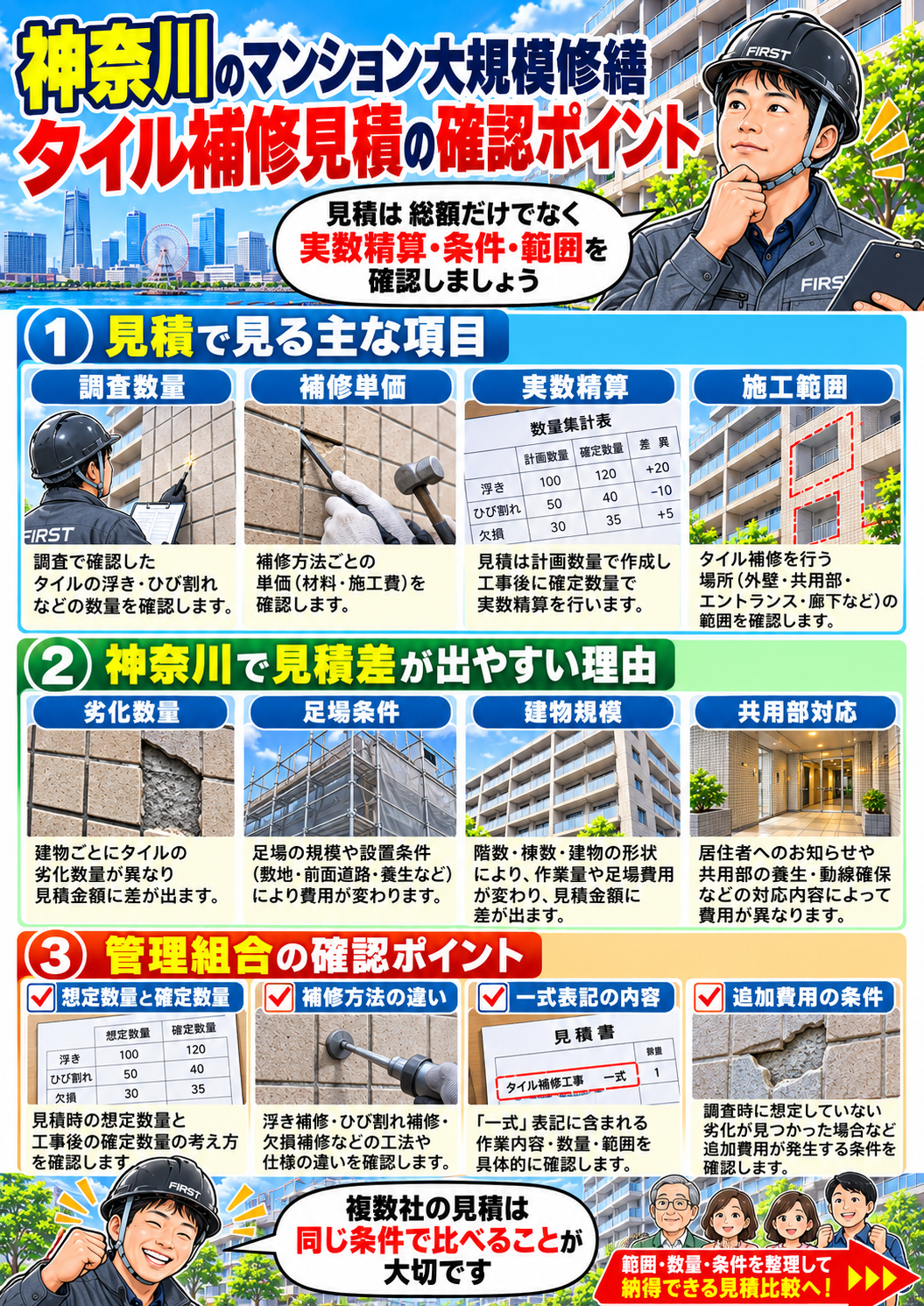 神奈川のマンション大規模修繕でタイル補修見積の数量・単価・実数精算を確認する漫画