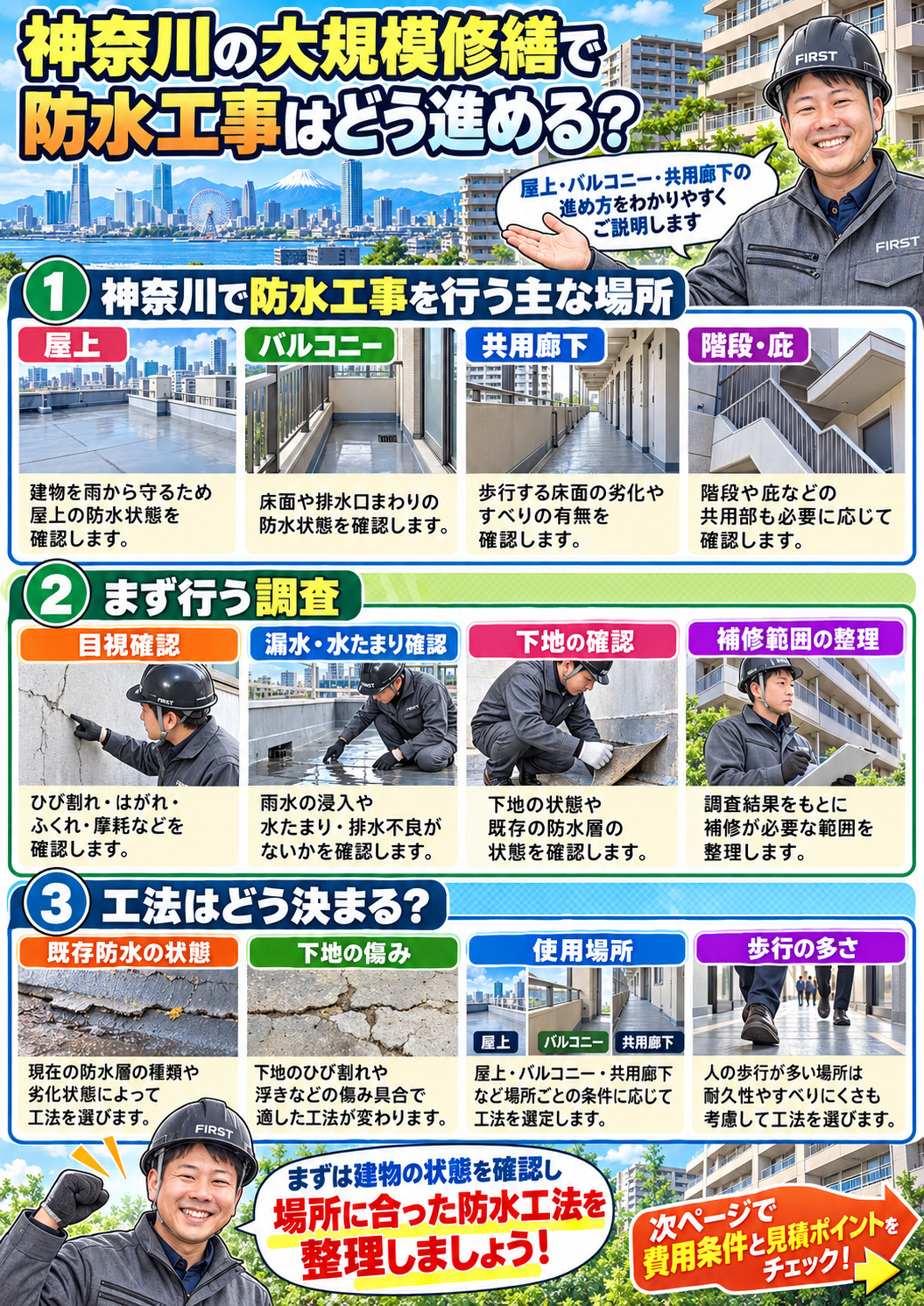 神奈川のマンション大規模修繕で屋上・バルコニー・共用廊下など防水工事の対象と調査内容を解説する漫画