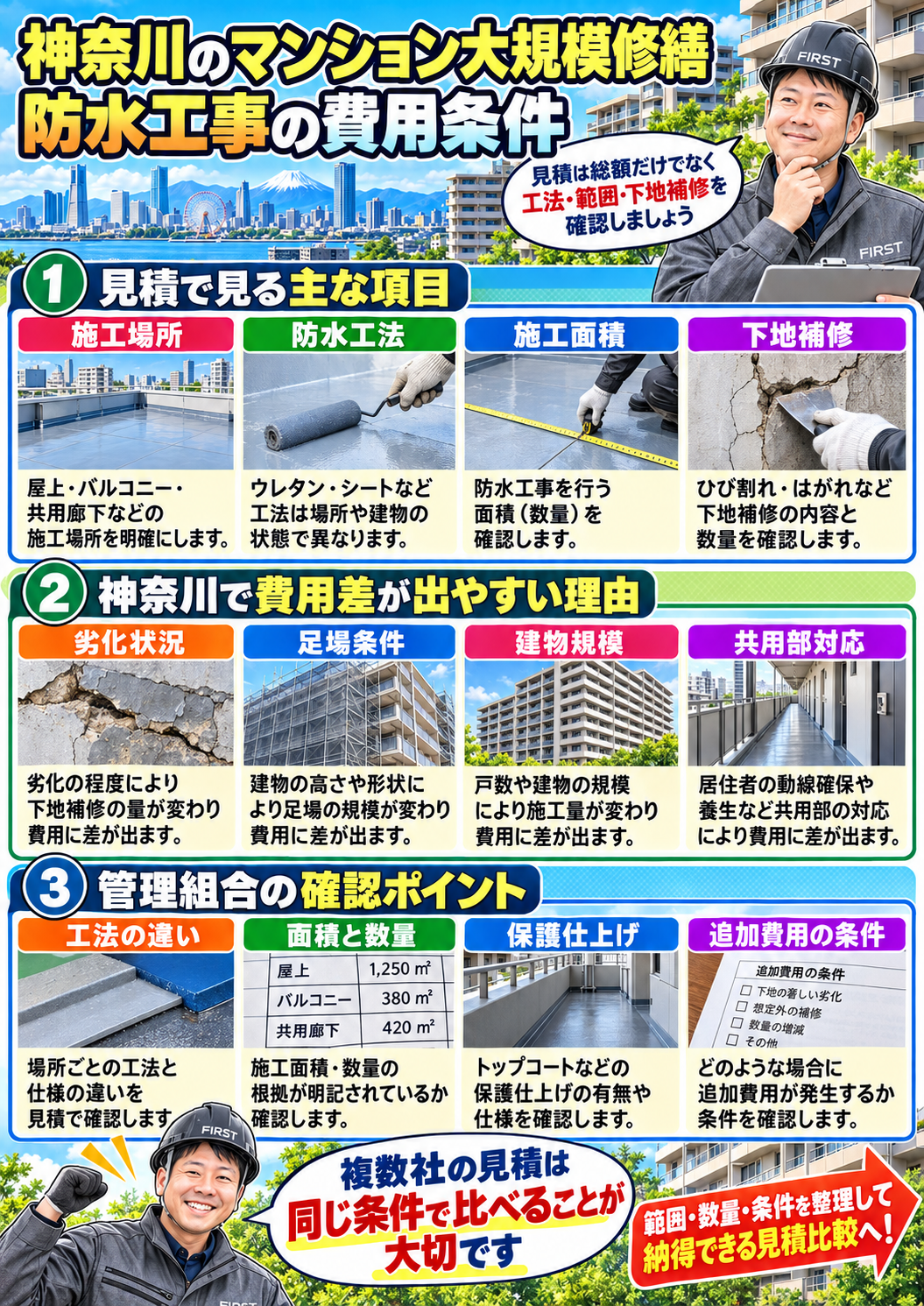神奈川のマンション大規模修繕で防水工事の施工場所・工法・面積・下地補修・追加費用条件を確認する漫画