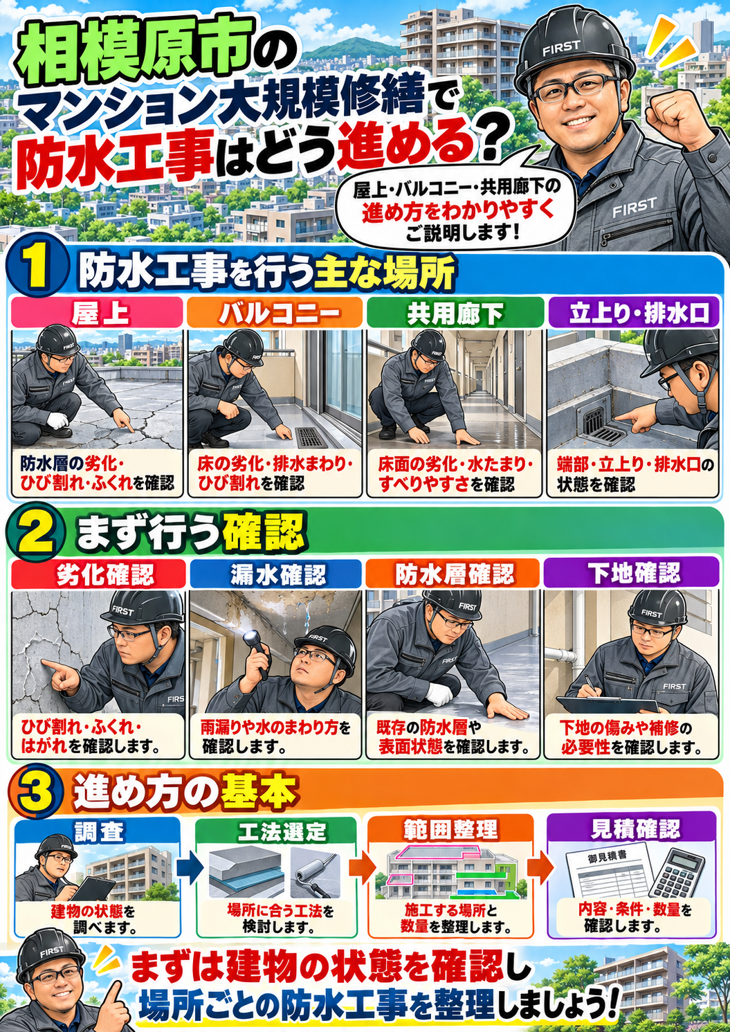 相模原市のマンション大規模修繕で屋上・バルコニー・共用廊下の防水状態を確認する漫画