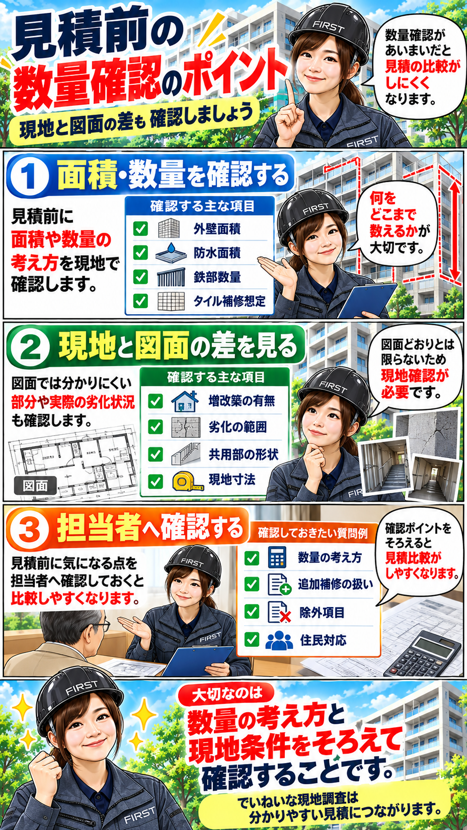 大規模修繕の現地調査で数量・足場・施工範囲・搬入・共用部を確認