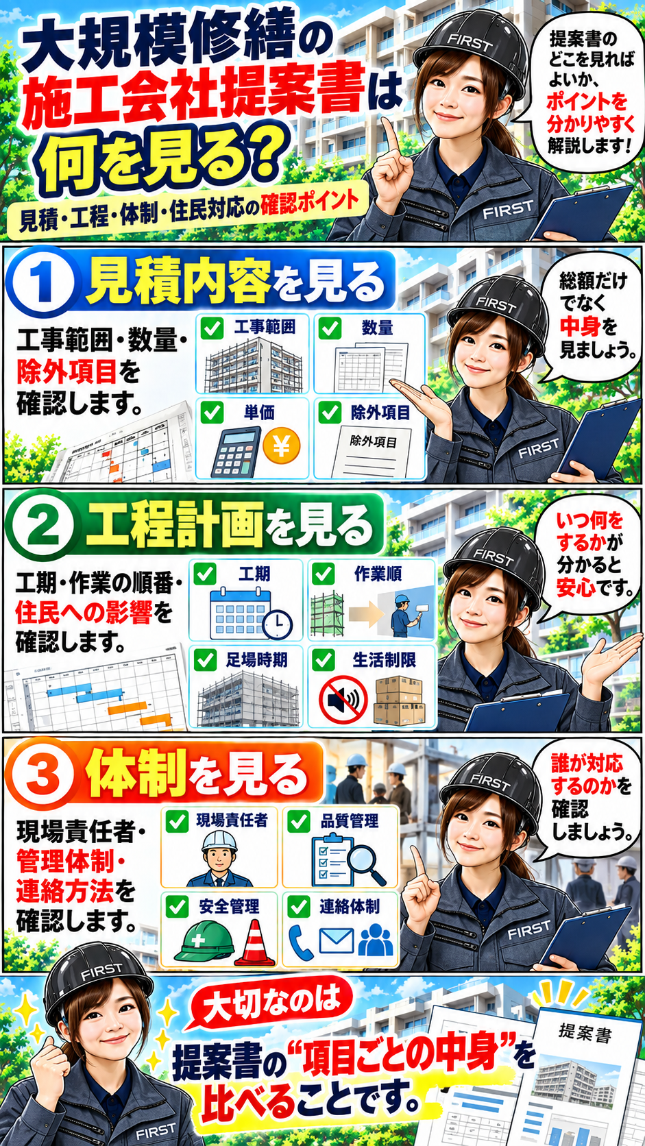 大規模修繕の施工会社提案書で見積・工程・施工体制・住民対応を確認する