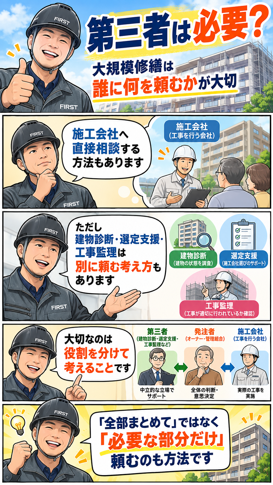 大規模修繕で建物診断・施工会社選定・工事監理の役割を整理する