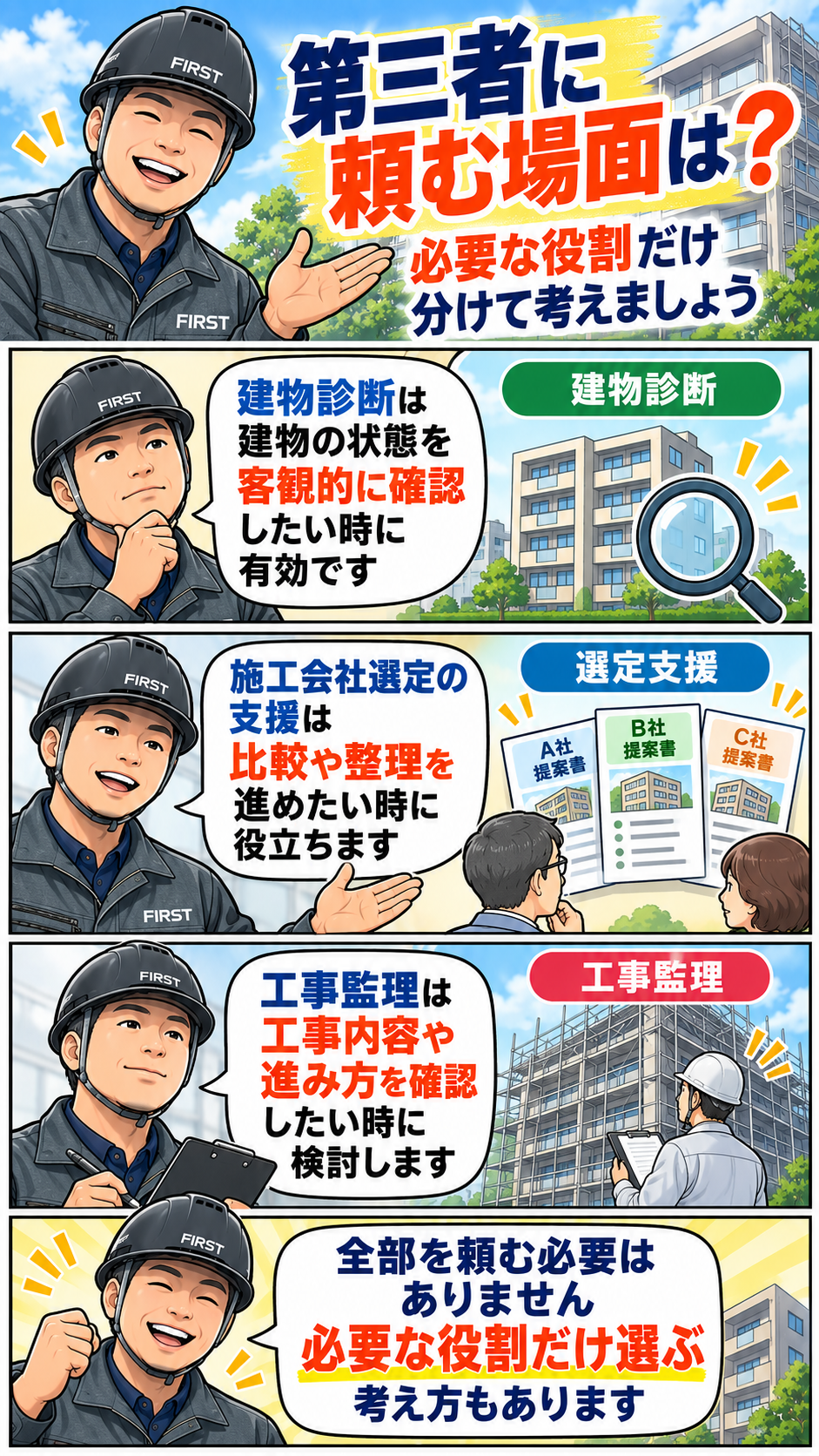 大規模修繕で必要な部分だけ第三者を利用し施工会社と役割分担する方法