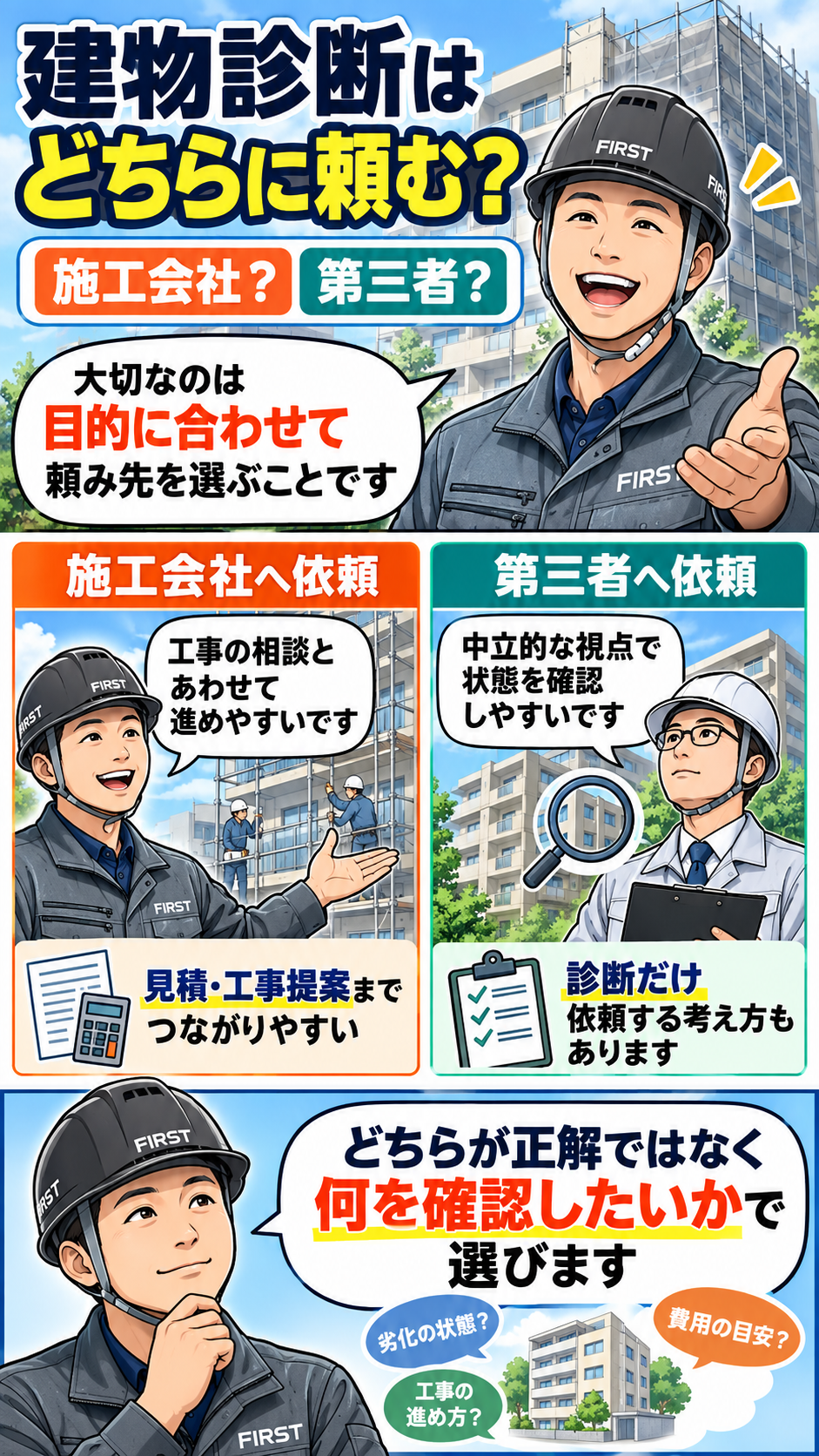 大規模修繕の建物診断を施工会社と第三者のどちらへ依頼するか比較する