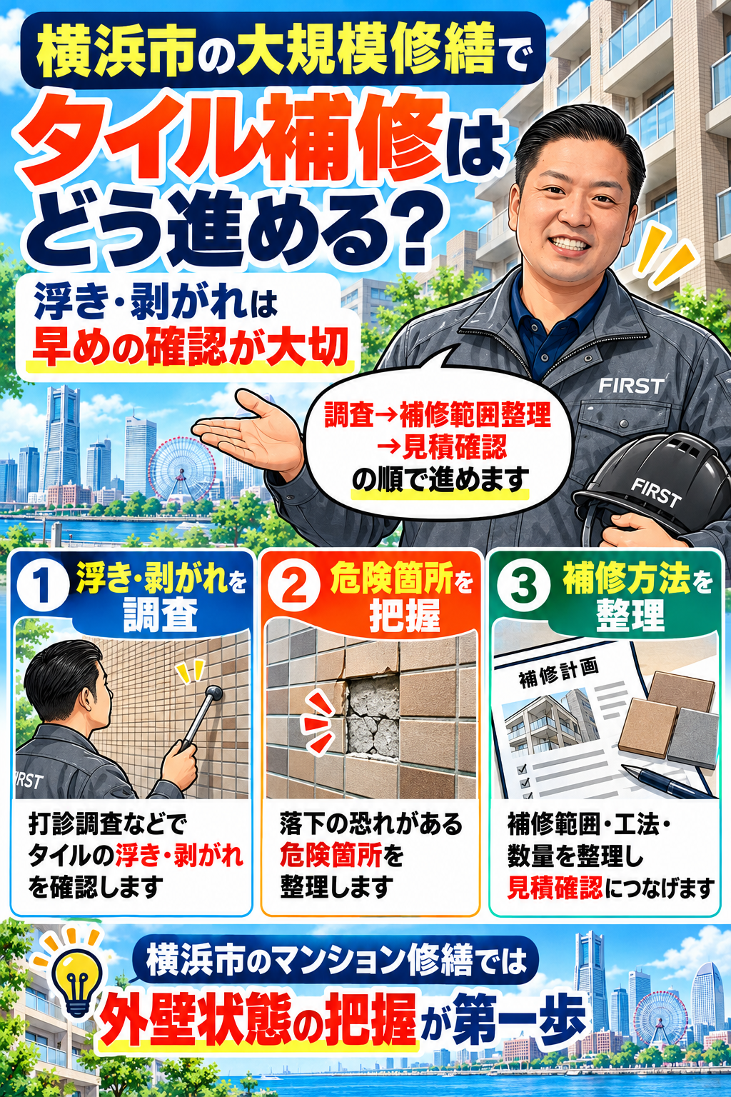 横浜市のマンション大規模修繕で行う外壁タイル補修の流れ