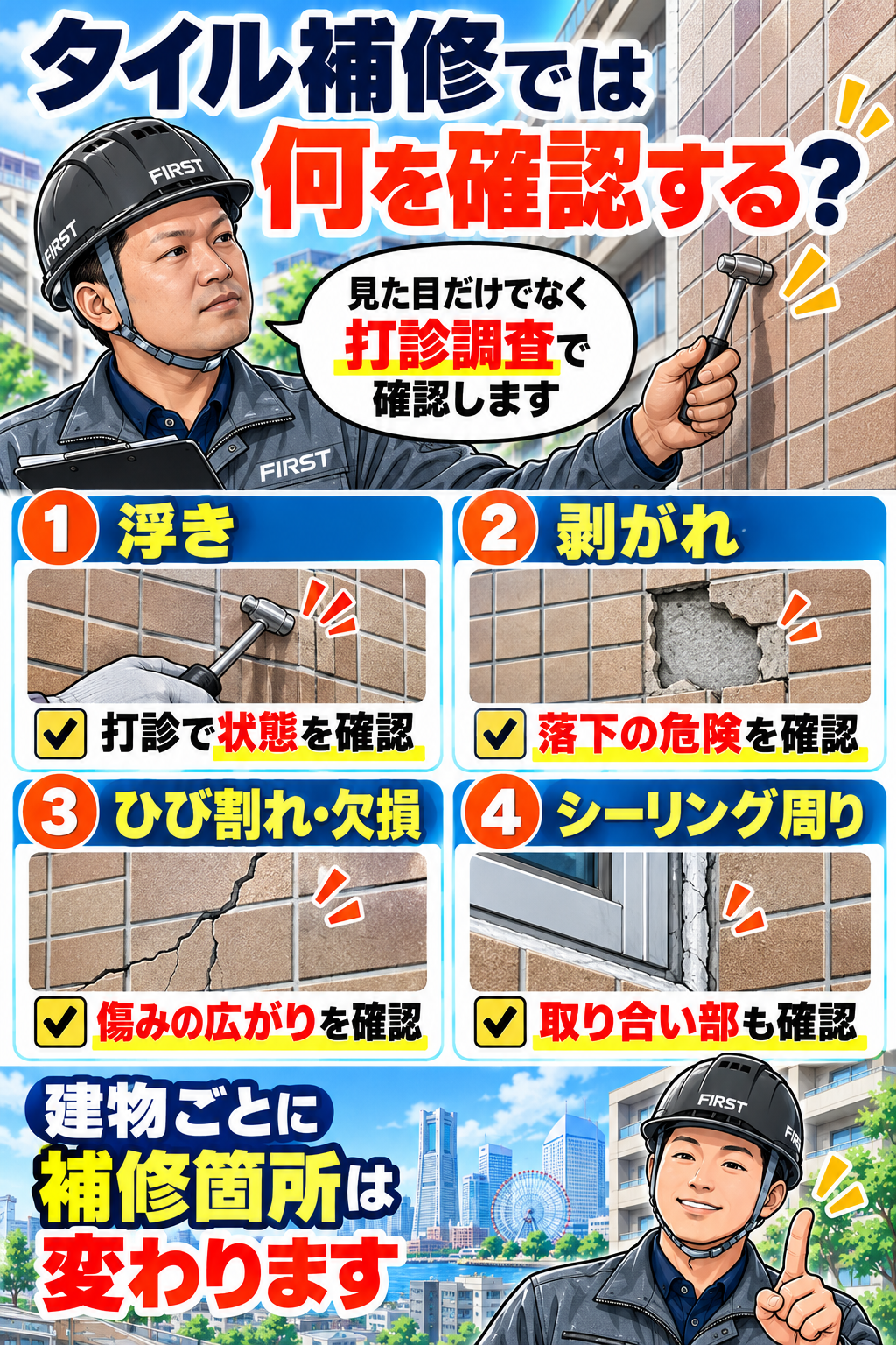 マンション外壁タイルの浮き・剥がれ・ひび割れを確認するポイント
