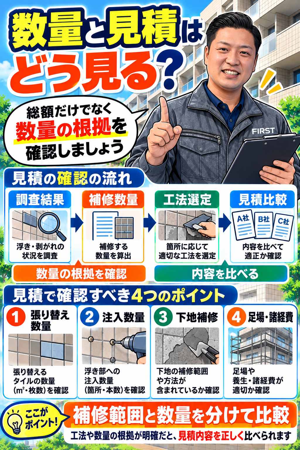 大規模修繕のタイル補修数量と見積を比較するポイント