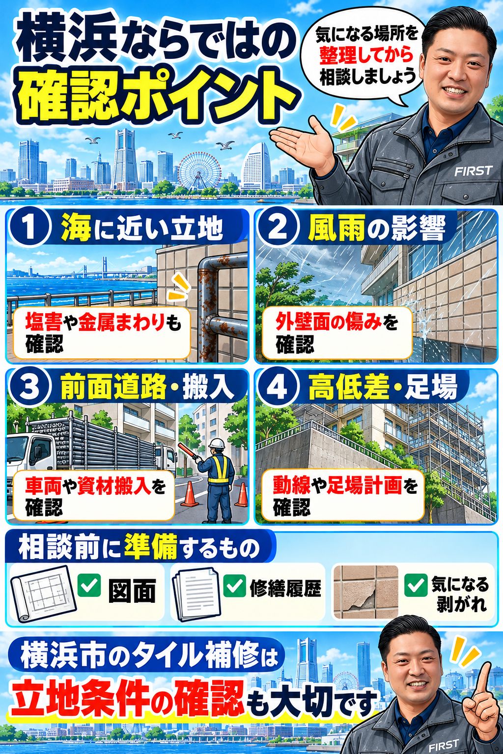 横浜市でタイル補修時に確認する道路・搬入・足場などの施工条件