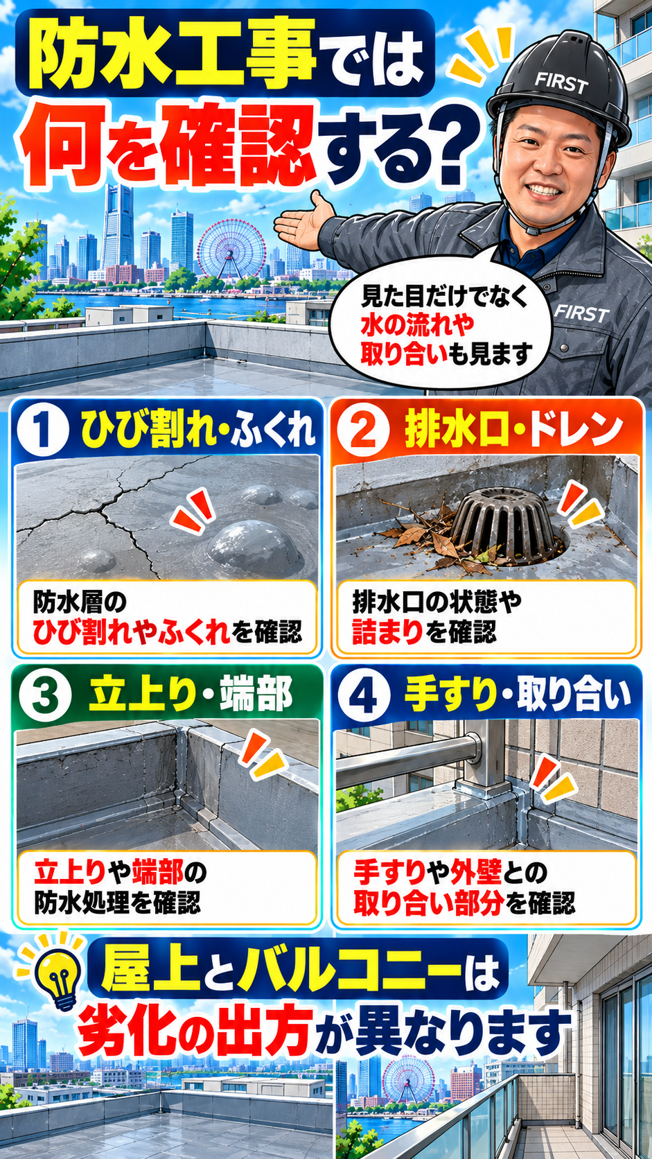 マンション防水工事で確認するひび割れ・排水口・立上り・取り合い
