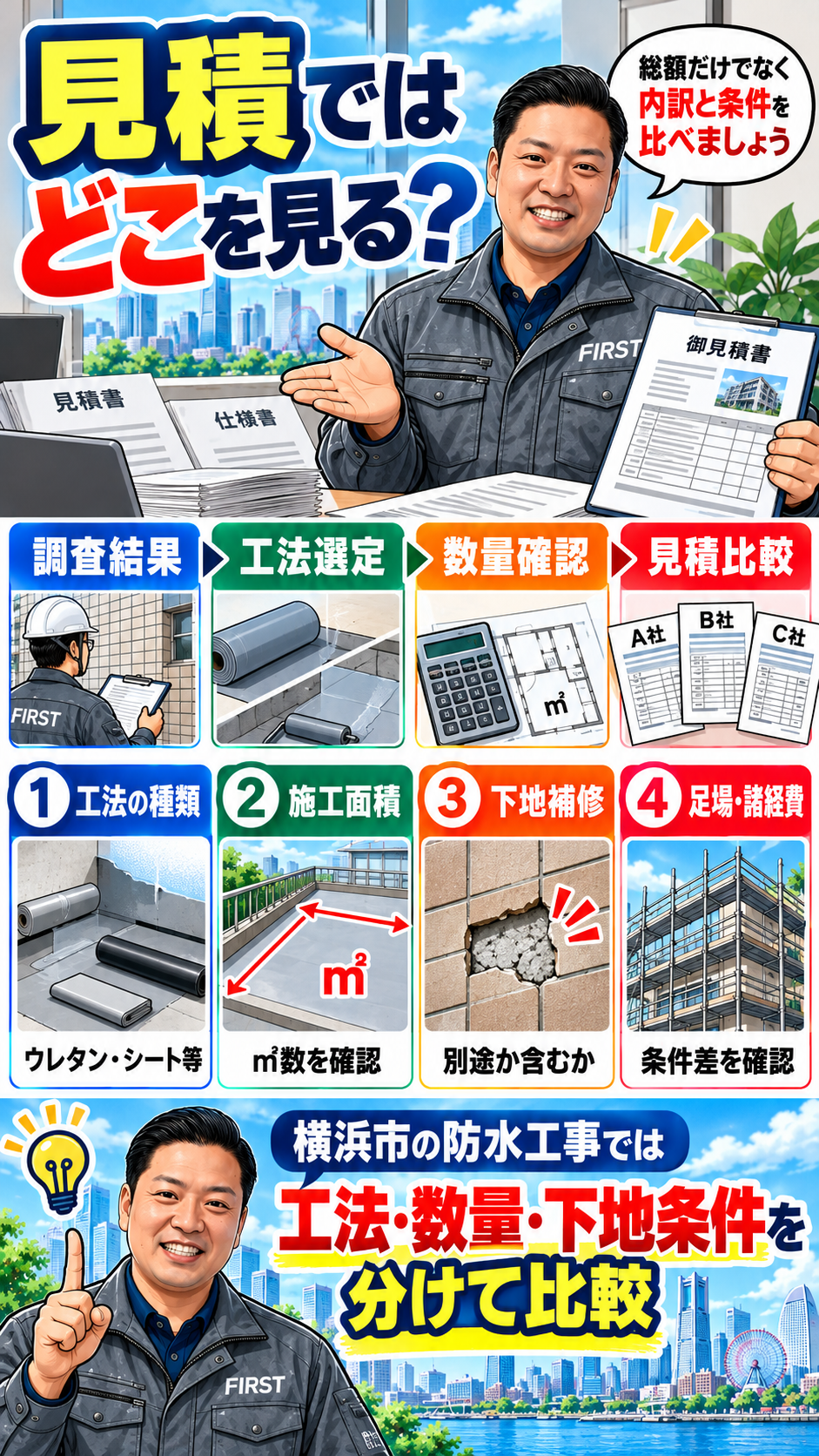 横浜市の大規模修繕で防水工事の工法・数量・見積を比較するポイント