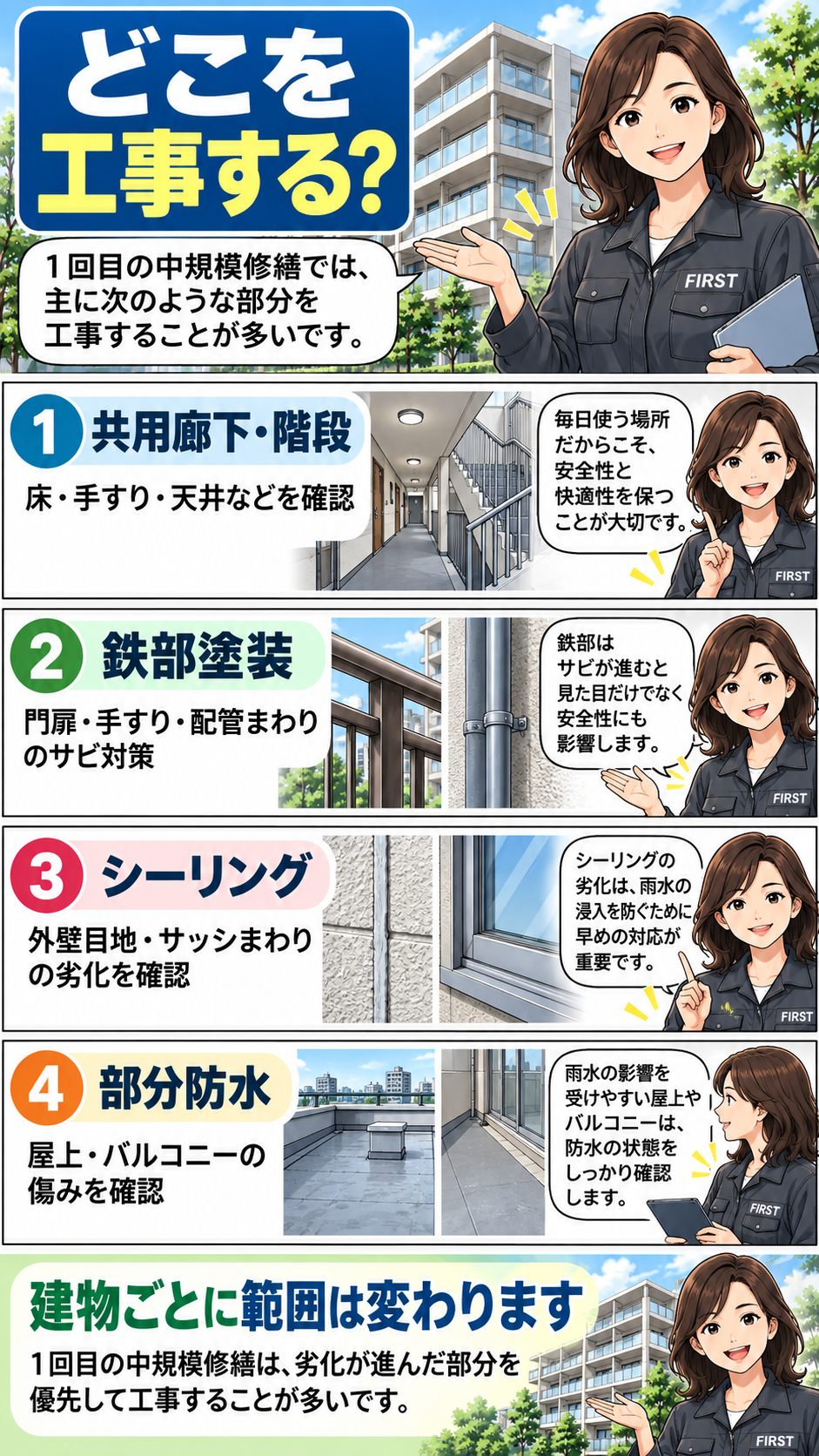 マンションの中規模修繕で共用廊下・鉄部・シーリング・防水を確認するポイント