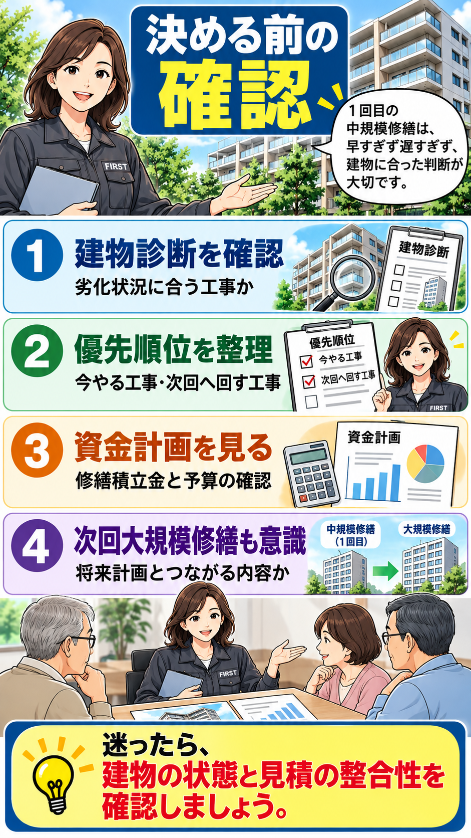 中規模修繕前に建物診断・優先順位・資金計画・次回大規模修繕を確認する流れ